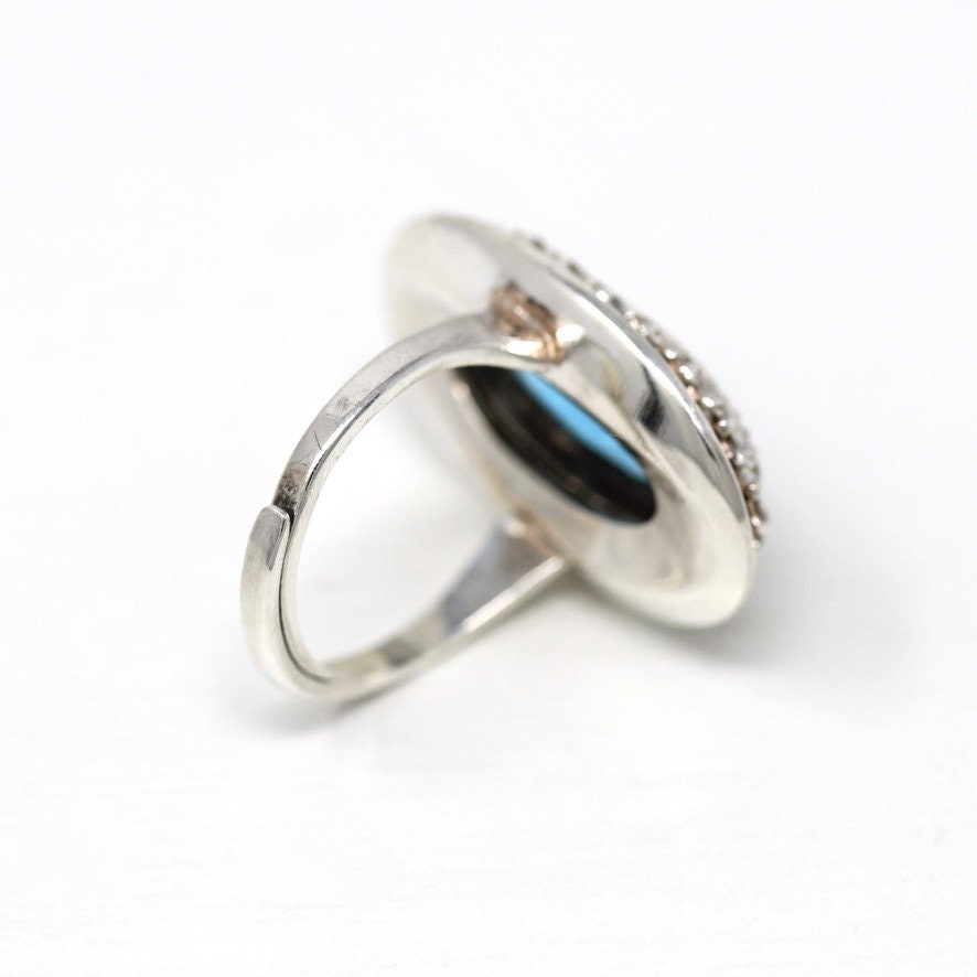 1950s Cocktail Ring - Vintage Sterling Silver Blue Glass Stone Oval Halo - Circa 1950s Era Size 6 Adjustable Statement Jewelry