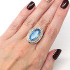 1950s Cocktail Ring - Vintage Sterling Silver Blue Glass Stone Oval Halo - Circa 1950s Era Size 6 Adjustable Statement Jewelry