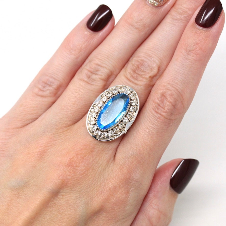 1950s Cocktail Ring - Vintage Sterling Silver Blue Glass Stone Oval Halo - Circa 1950s Era Size 6 Adjustable Statement Jewelry