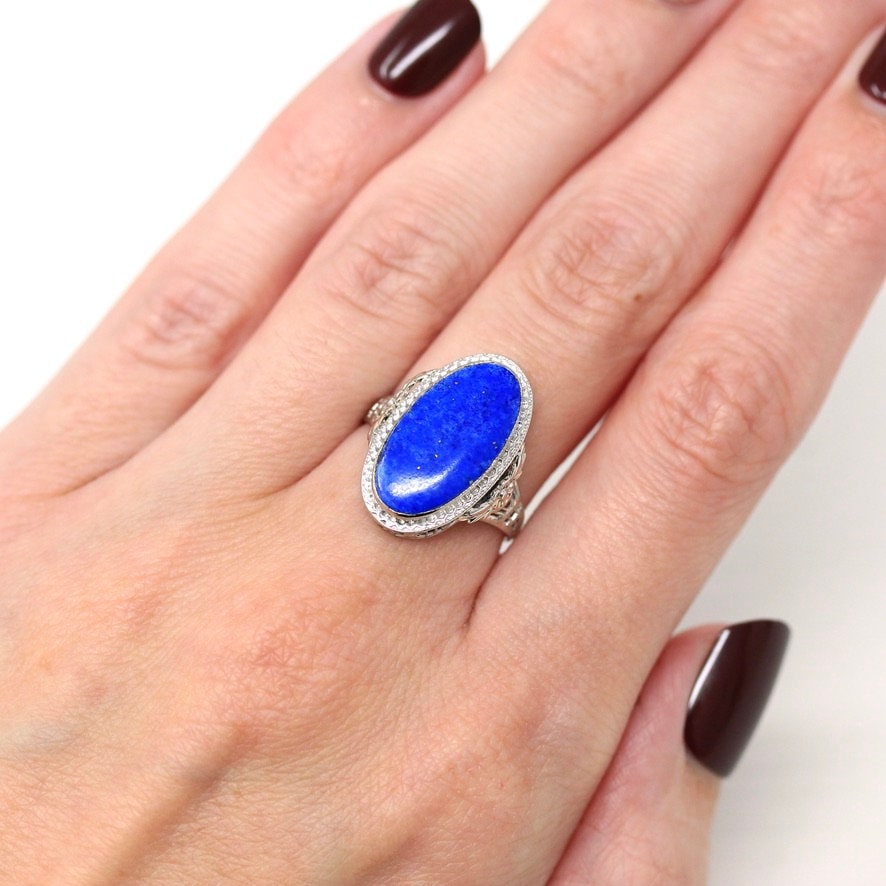 Art Deco Filigree Ring - Antique 14k White Gold Genuine Lapis Lazuli Gemstone - Vintage Circa 1930s Size 6 1/4 Statement Flower Fine Jewelry