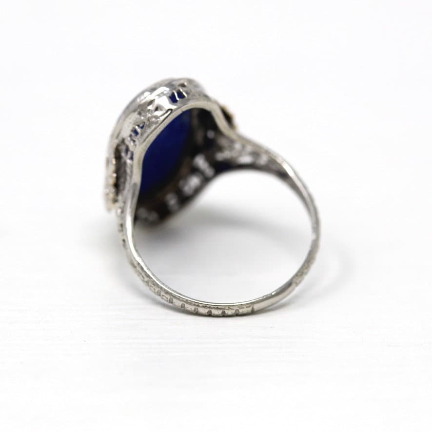 Art Deco Filigree Ring - Antique 14k White Gold Genuine Lapis Lazuli Gemstone - Vintage Circa 1930s Size 6 1/4 Statement Flower Fine Jewelry