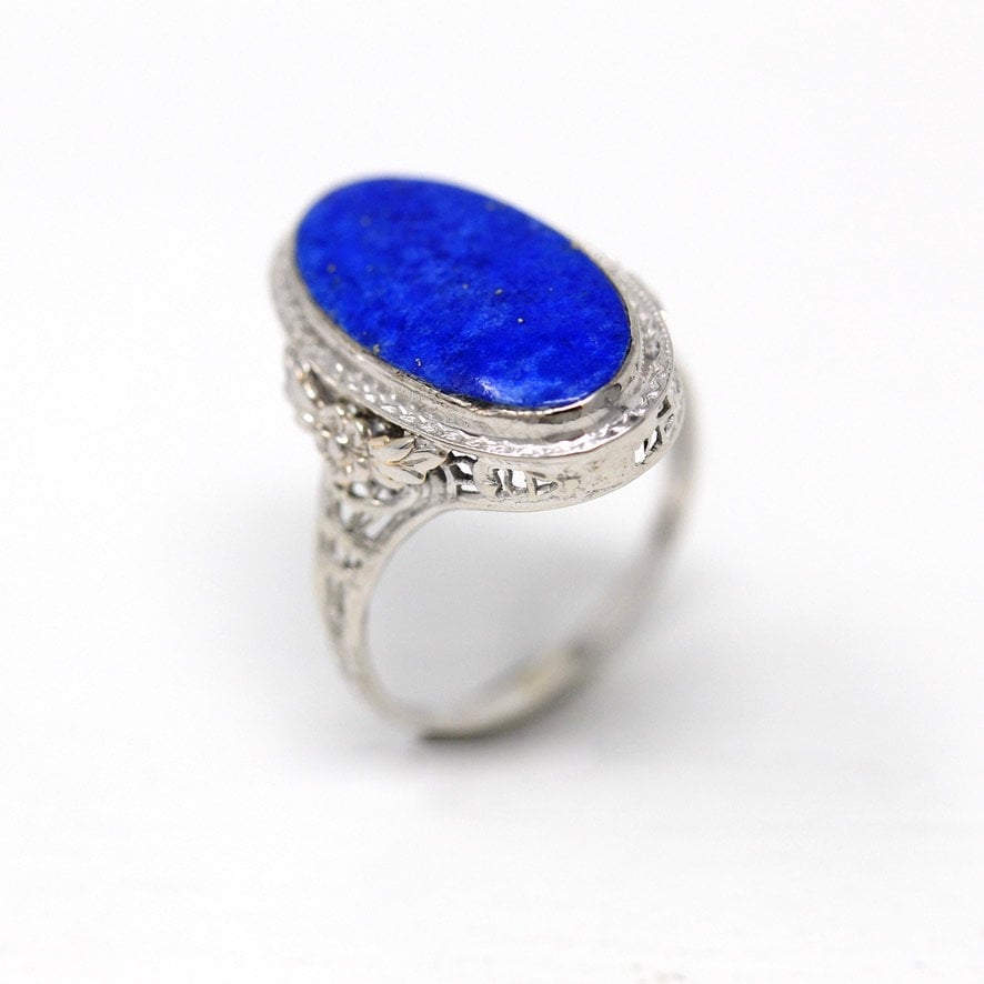 Art Deco Filigree Ring - Antique 14k White Gold Genuine Lapis Lazuli Gemstone - Vintage Circa 1930s Size 6 1/4 Statement Flower Fine Jewelry