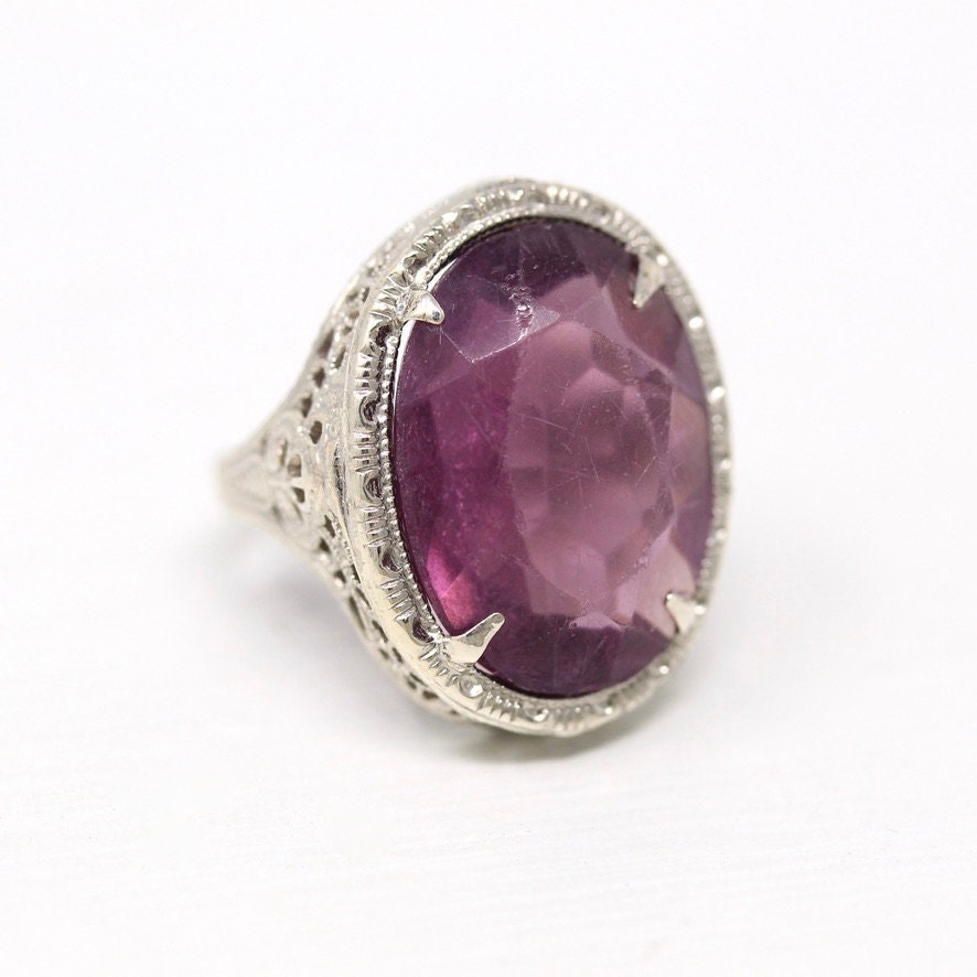 Art Deco Ring - Vintage Sterling Silver Simulated Amethyst Cocktail Statement - Circa 1930s Purple Hue Glass Filigree 30s Size 4.5 Jewelry