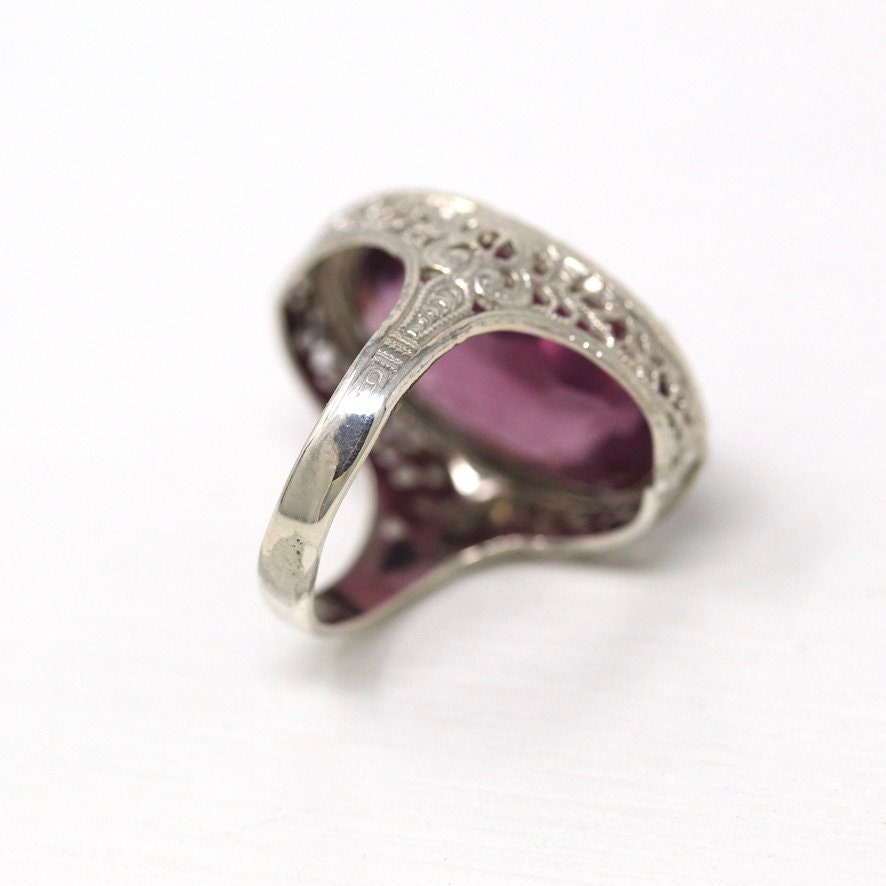 Art Deco Ring - Vintage Sterling Silver Simulated Amethyst Cocktail Statement - Circa 1930s Purple Hue Glass Filigree 30s Size 4.5 Jewelry