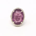 Art Deco Ring - Vintage Sterling Silver Simulated Amethyst Cocktail Statement - Circa 1930s Purple Hue Glass Filigree 30s Size 4.5 Jewelry