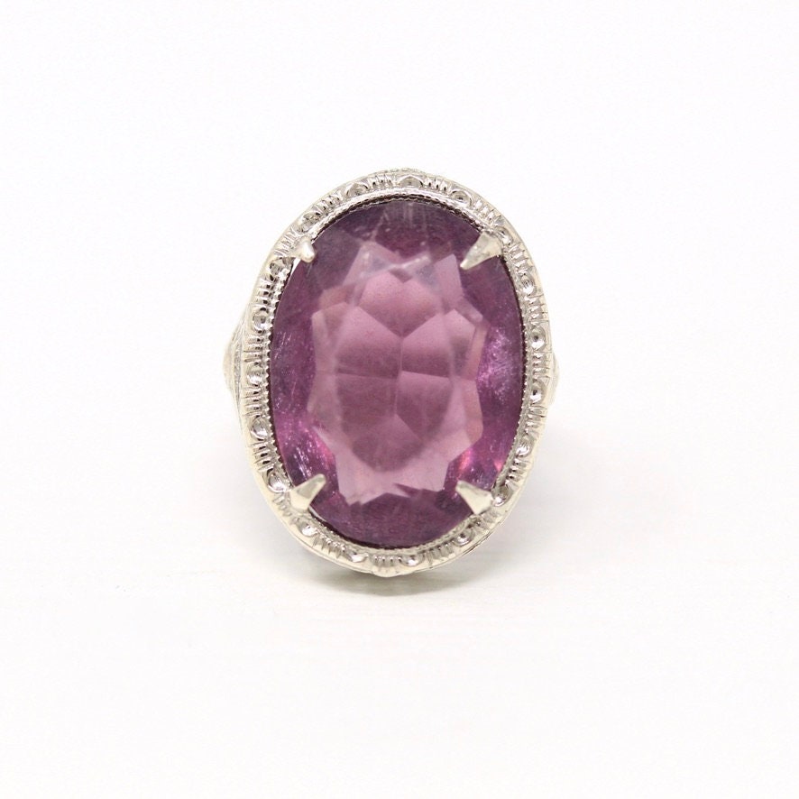 Art Deco Ring - Vintage Sterling Silver Simulated Amethyst Cocktail Statement - Circa 1930s Purple Hue Glass Filigree 30s Size 4.5 Jewelry