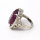 Art Deco Ring - Vintage Sterling Silver Simulated Amethyst Cocktail Statement - Circa 1930s Purple Hue Glass Filigree 30s Size 4.5 Jewelry