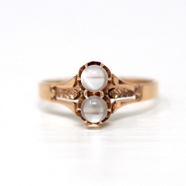 Antique Moonstone Ring - Victorian Era 10k Rose Gold Genuine Gemstone Spheres - Vintage Circa 1890s Size 6 3/4 Toi Et Moi Fine Jewelry