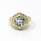 Genuine Aquamarine Ring - Art Deco 14k Yellow Gold Hexagon Cut Gem - Vintage Circa 1930s Era Size 4 3/4 Engagement March Birthstone Jewelry