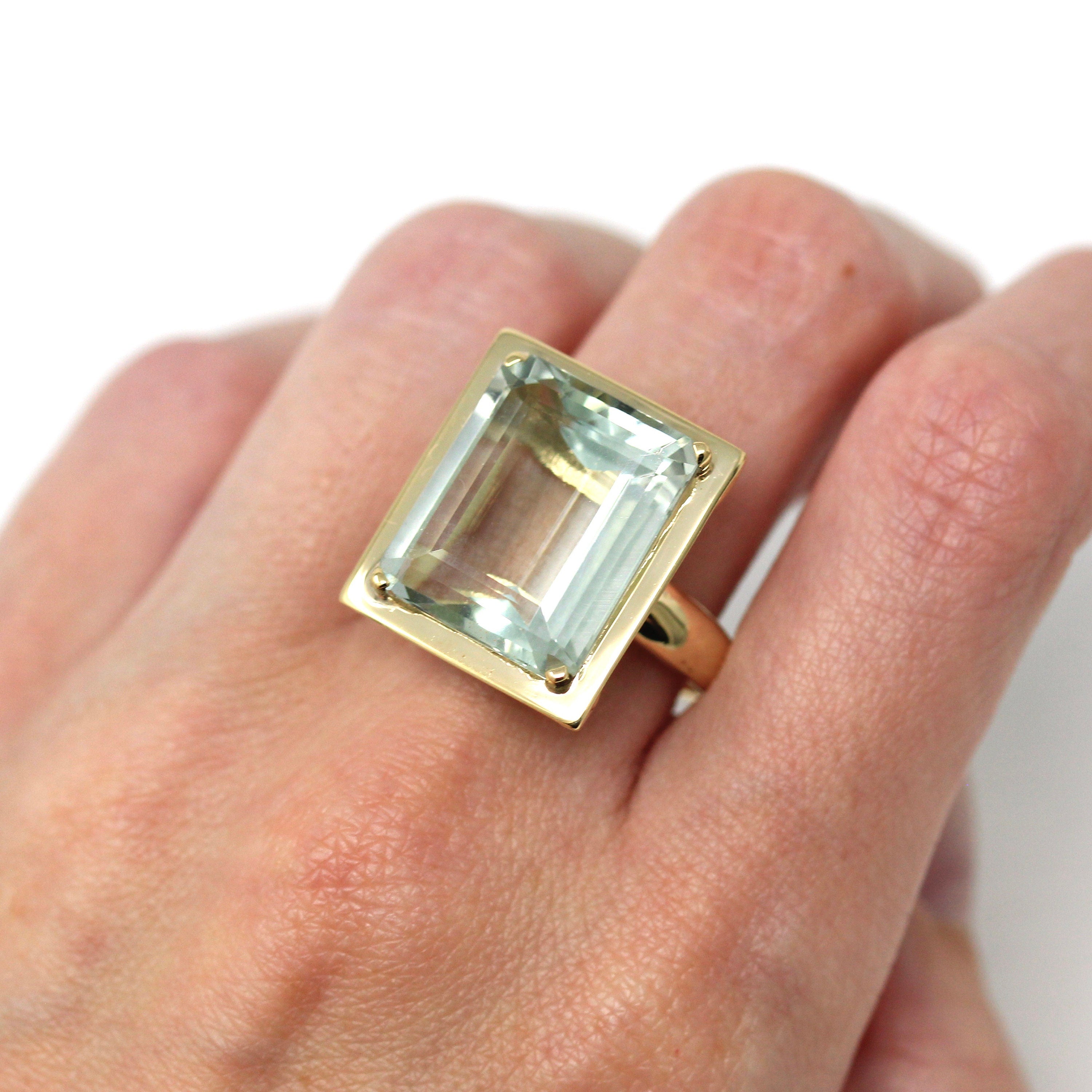 Genuine Prasiolite Ring - Modern Estate 9.43 Carat Pale Green Quartz Statement - Circa 2000s Size 10 Rectangular Gemstone Fine Jewelry