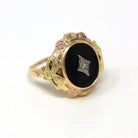 Genuine Onyx Ring - Vintage Retro 10k Yellow Gold Black Gemstone Bow & Flower Statement - Circa 1940s Era Size 7 1/2 Diamond Fine Jewelry