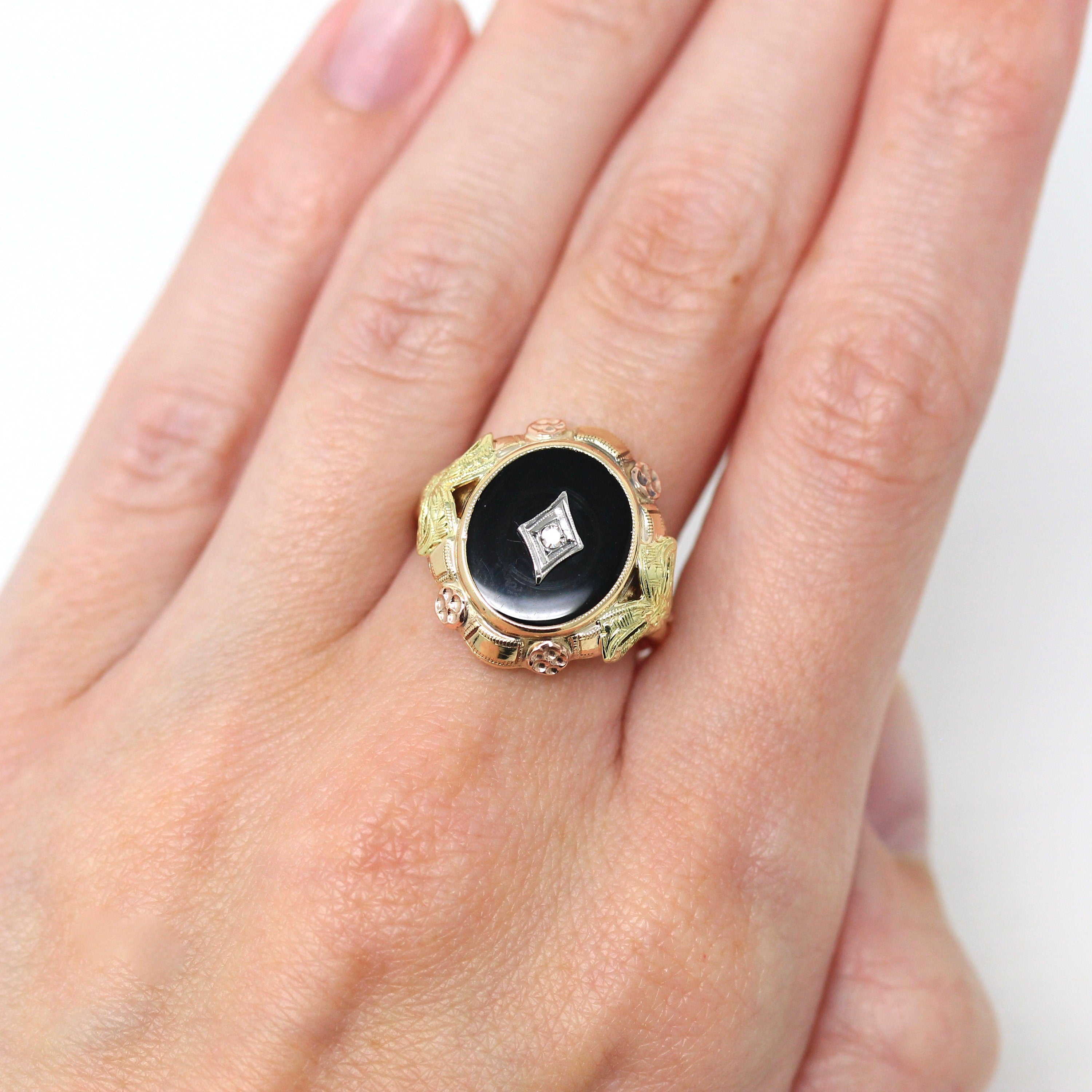 Genuine Onyx Ring Vintage Retro 10k Yellow Gold Black Gemstone Bow MJV