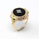 Genuine Onyx Ring - Vintage Retro 10k Yellow Gold Black Gemstone Bow & Flower Statement - Circa 1940s Era Size 7 1/2 Diamond Fine Jewelry