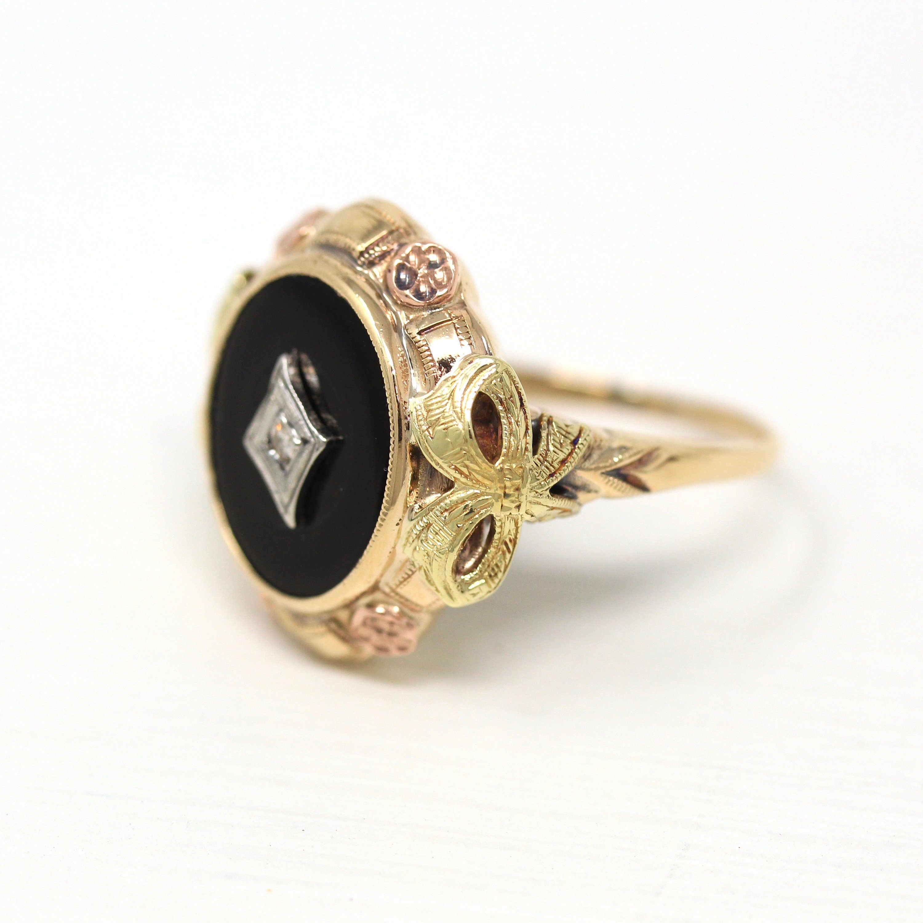 Genuine Onyx Ring - Vintage Retro 10k Yellow Gold Black Gemstone Bow & Flower Statement - Circa 1940s Era Size 7 1/2 Diamond Fine Jewelry