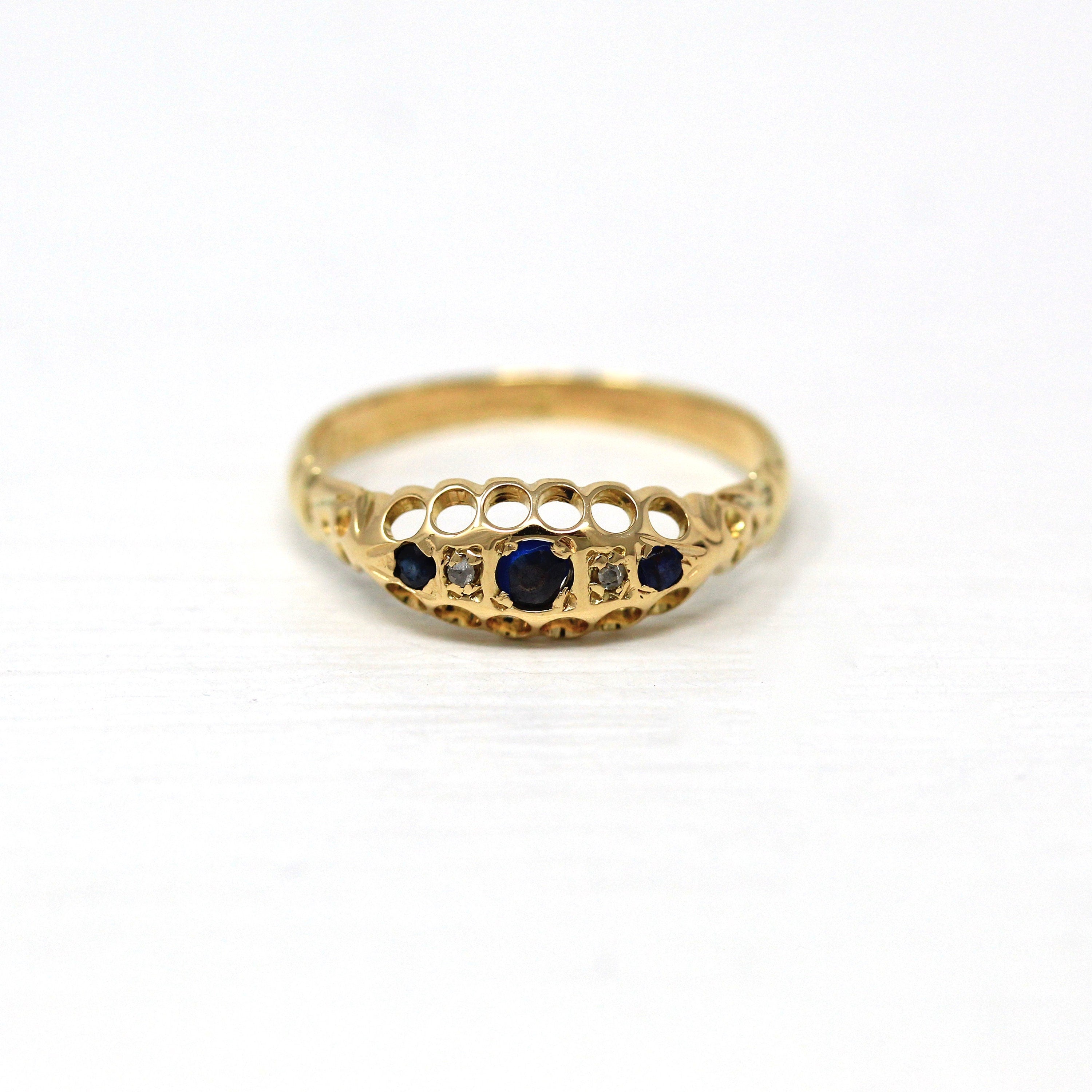 Antique Sapphire Band - Edwardian 18k Yellow Gold Blue Gem Diamond Ring - Vintage English Chester Hallmarked 1911 Size 7 1/4 Fine Jewelry