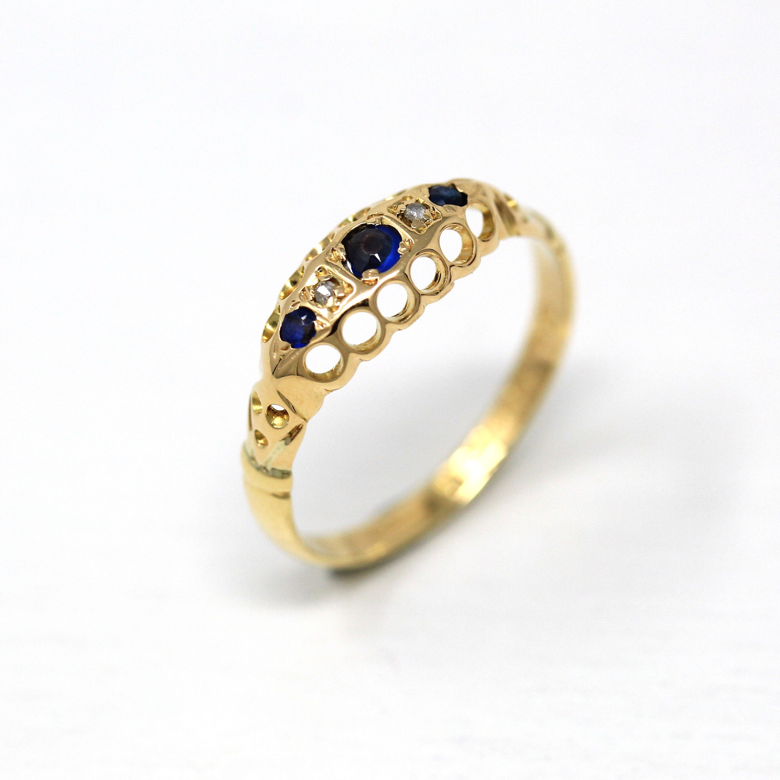 Antique Sapphire Band - Edwardian 18k Yellow Gold Blue Gem Diamond Ring - Vintage English Chester Hallmarked 1911 Size 7 1/4 Fine Jewelry