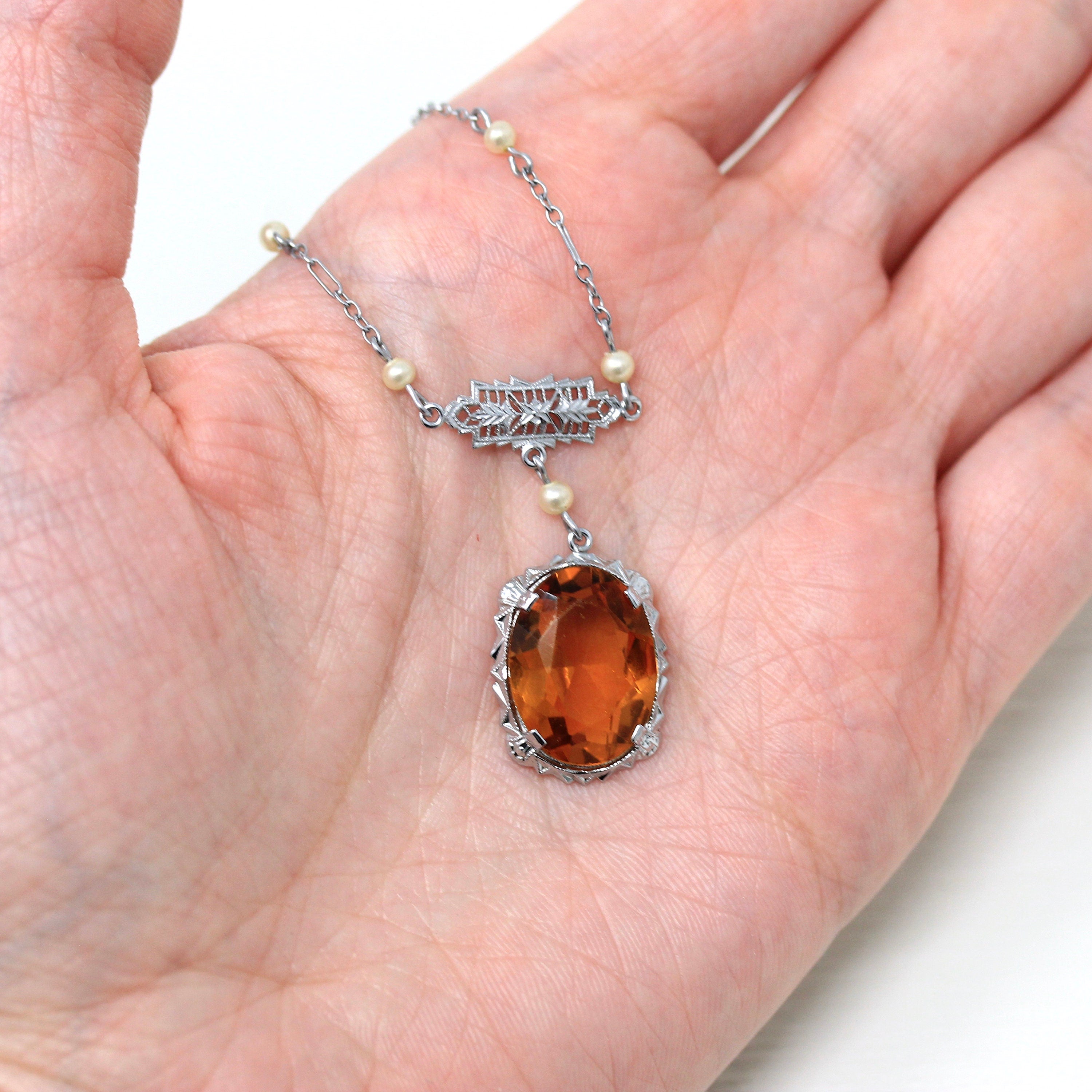 Art Deco Lavalier - Vintage 10k White Gold Simulated Citrine Orange Glass Necklace - Circa 1930s Simulated Seed Pearls Filigree Fine Jewelry