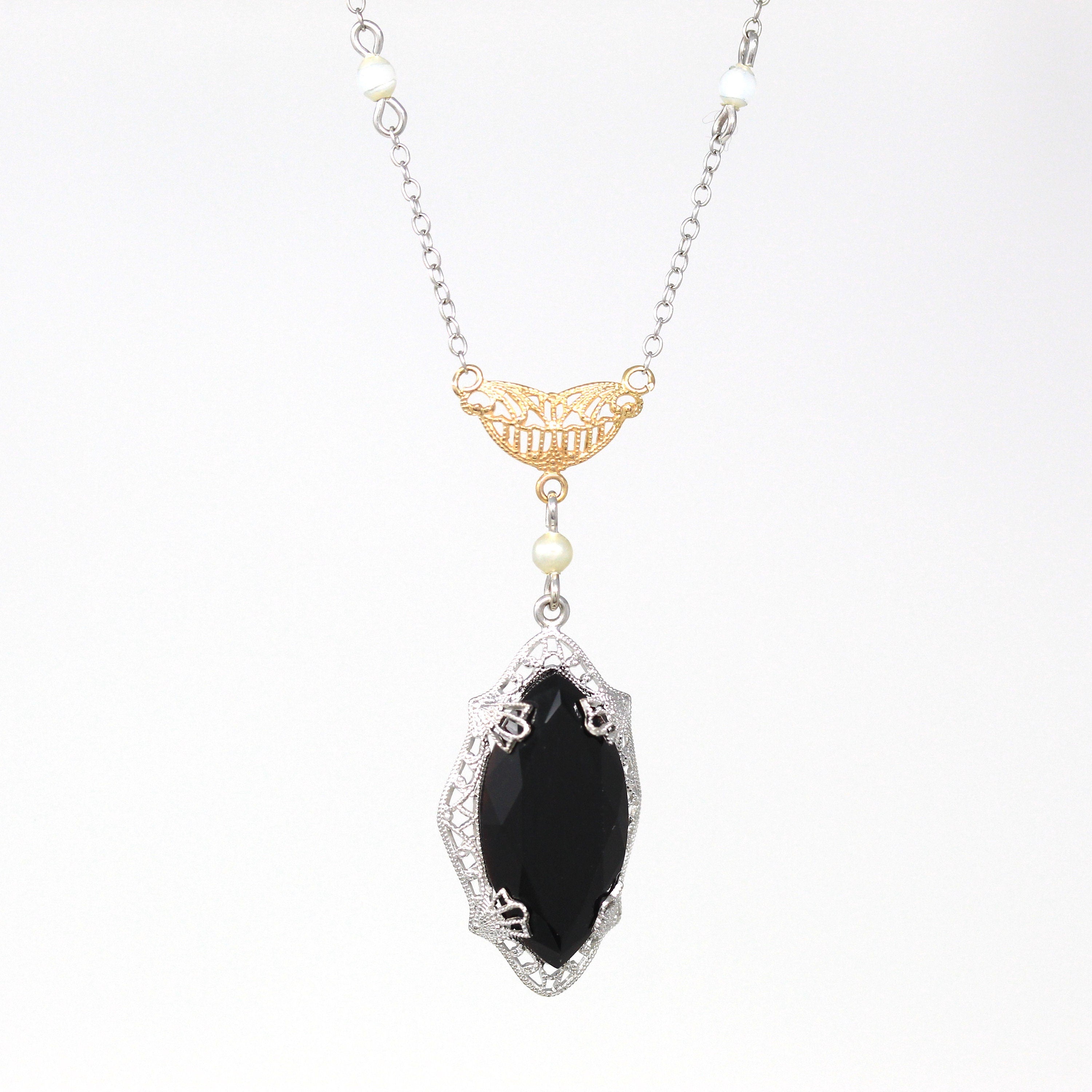 Art Deco Lavalier - Vintage 10k White Gold Genuine Black Onyx Seed Pearl Necklace - Circa 1930s Era Filigree Statement Fine Two Tone Jewelry