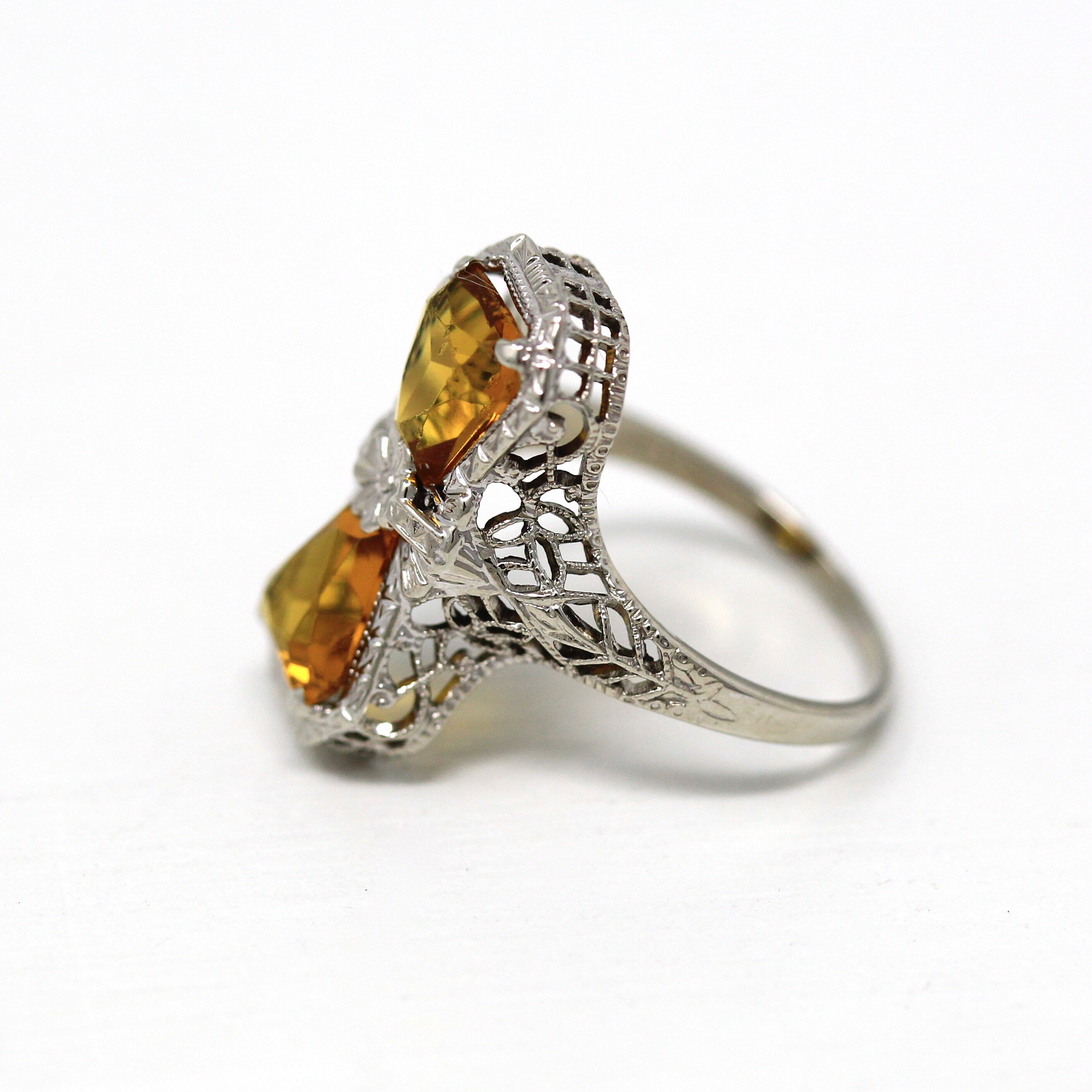 Two Stone Ring - Art Deco 14k White Gold Filigree Fancy Cut Simulated Citrines - Vintage Circa 1930s Era Size 3 3/4 Flower Fine Jewelry