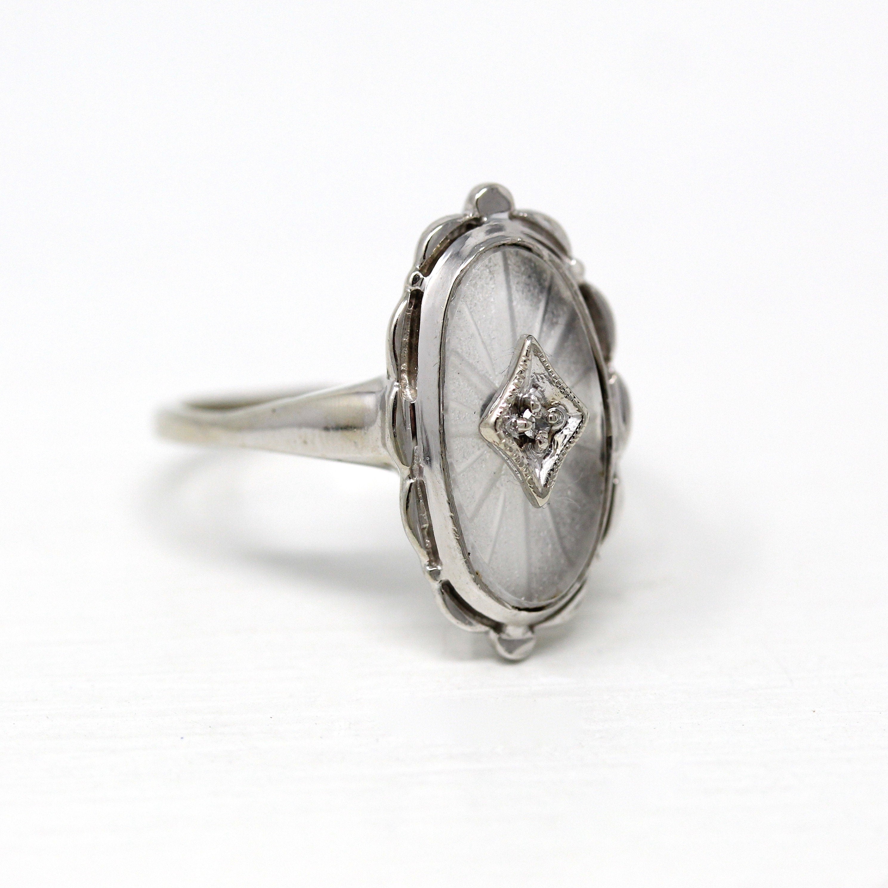 Rock Crystal Quartz Ring - Vintage Retro 10k White Gold Genuine Diamond Statement - Circa 1940s Era Size 7 3/4 Oval Shaped 40s Jewelry