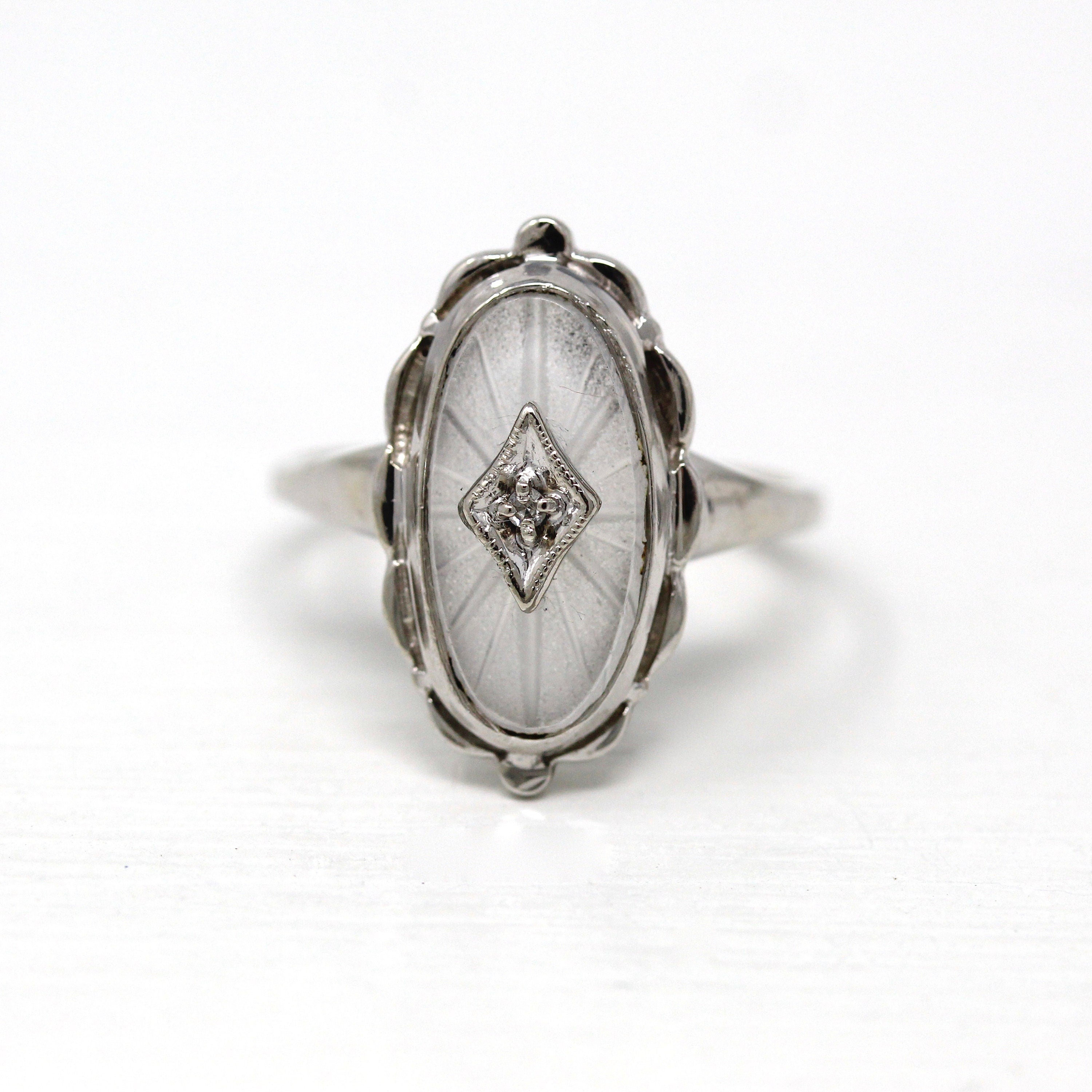 Rock Crystal Quartz Ring - Vintage Retro 10k White Gold Genuine Diamond Statement - Circa 1940s Era Size 7 3/4 Oval Shaped 40s Jewelry