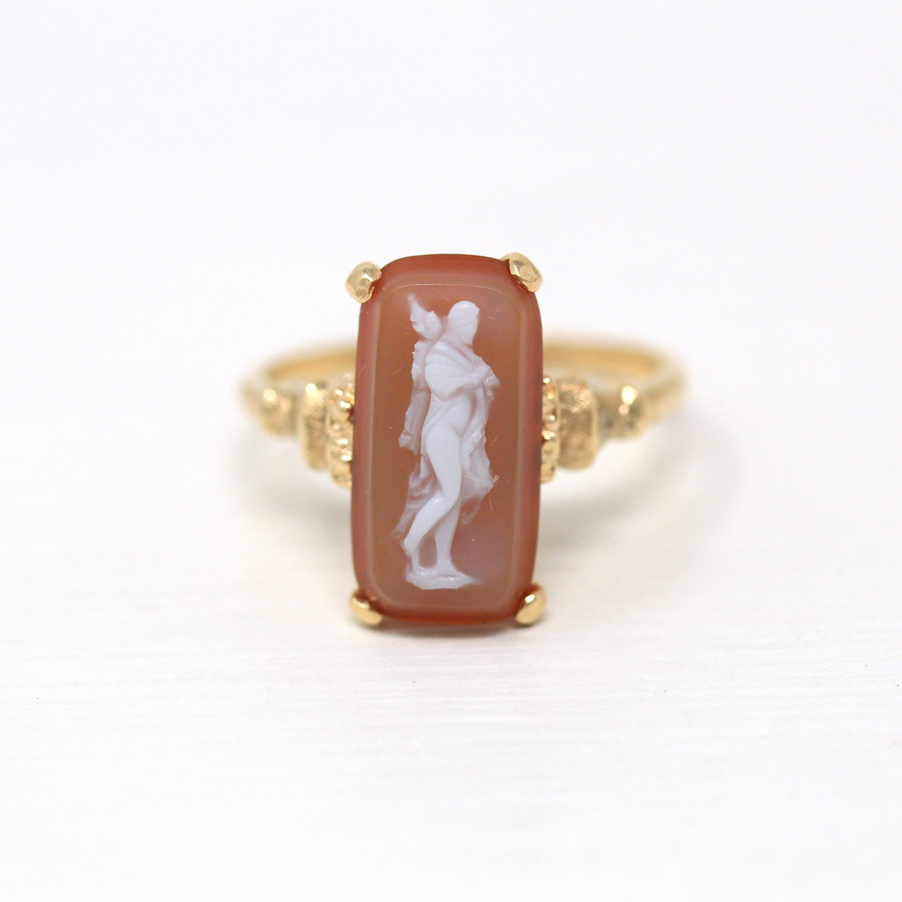 Sardonyx Cameo Ring - Retro Era 14k Yellow Gold Orange White Genuine Banded Carved Gem - Vintage Circa 1940s Size 7 Full Figure Fine Jewelry