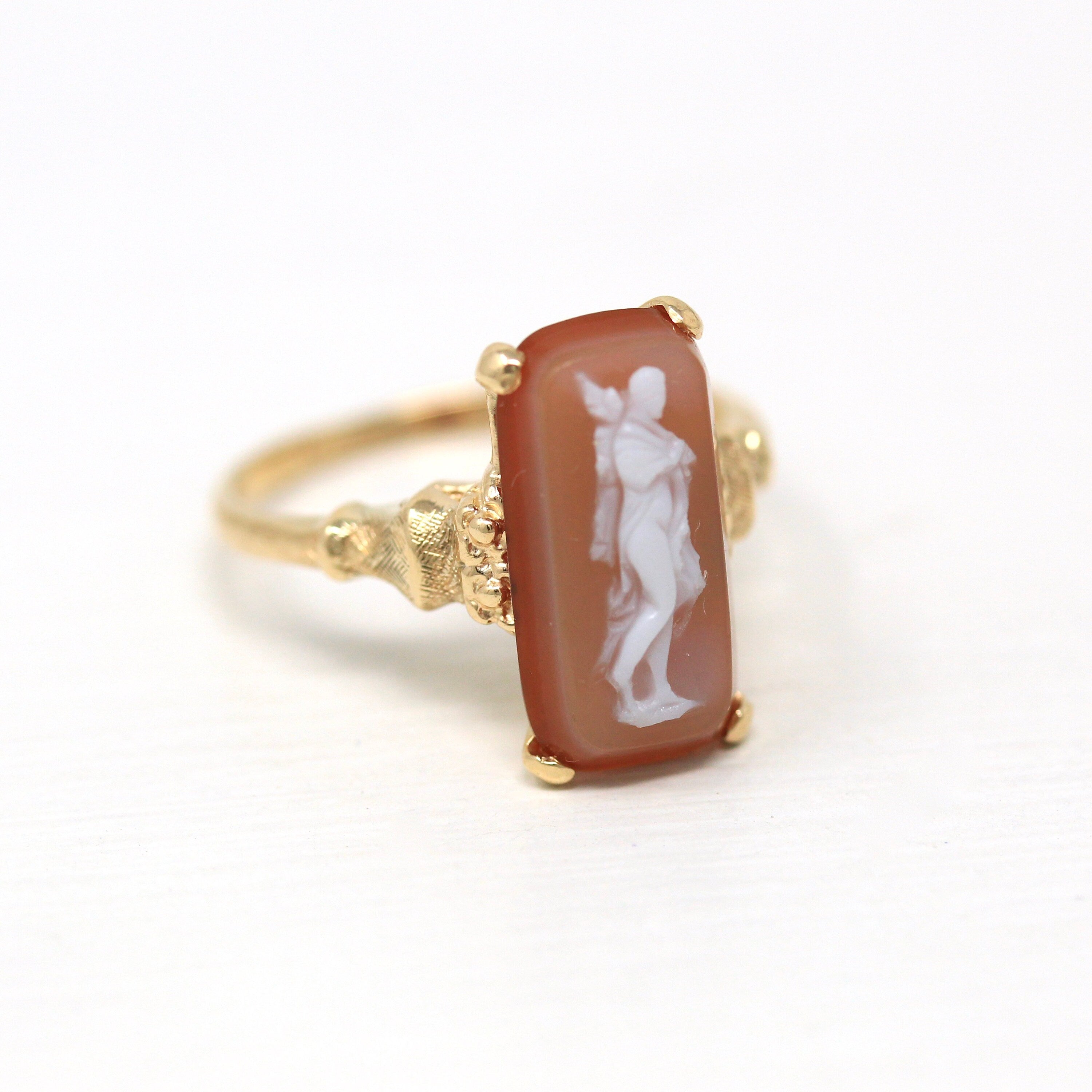 Sardonyx Cameo Ring - Retro Era 14k Yellow Gold Orange White Genuine Banded Carved Gem - Vintage Circa 1940s Size 7 Full Figure Fine Jewelry