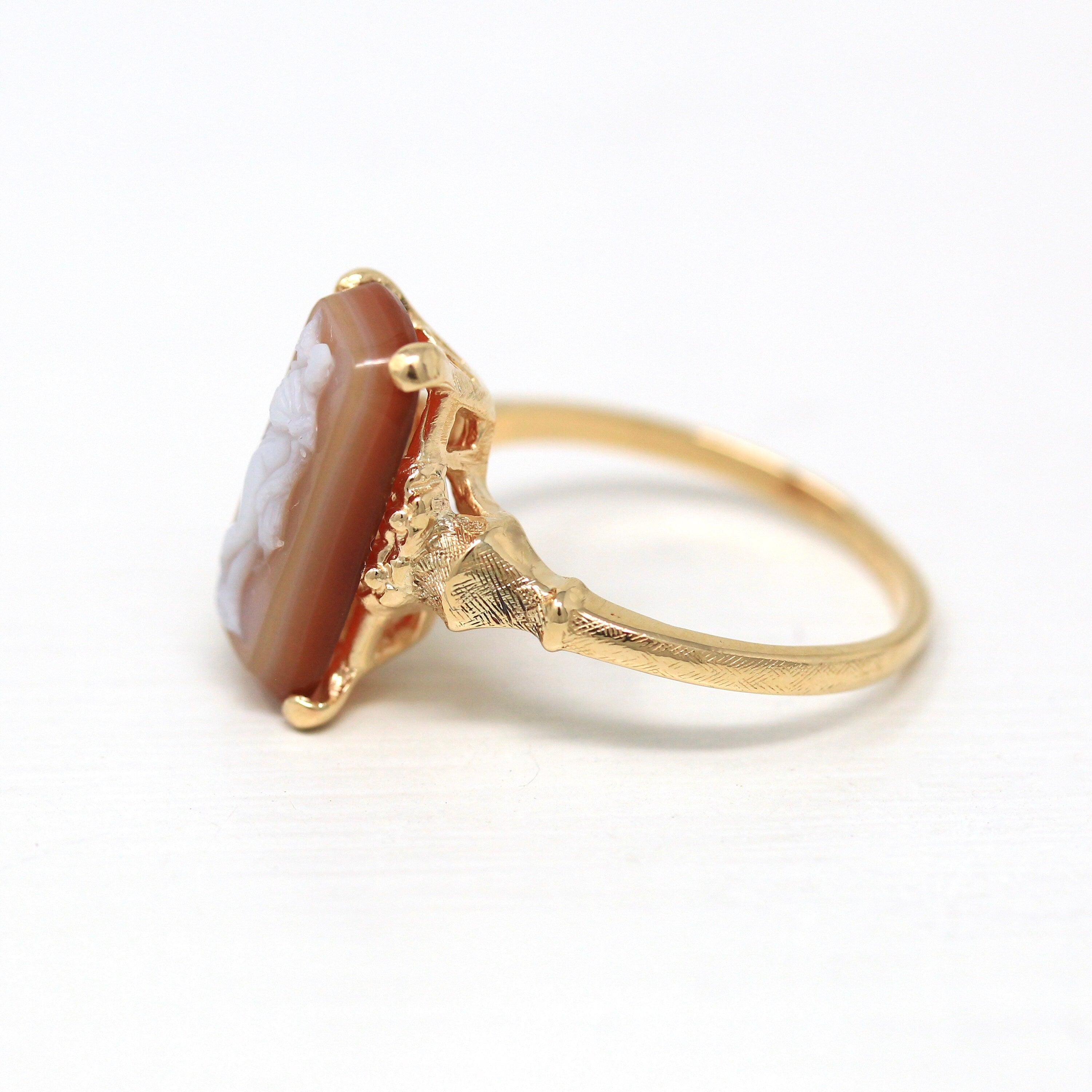 Sardonyx Cameo Ring - Retro Era 14k Yellow Gold Orange White Genuine Banded Carved Gem - Vintage Circa 1940s Size 7 Full Figure Fine Jewelry