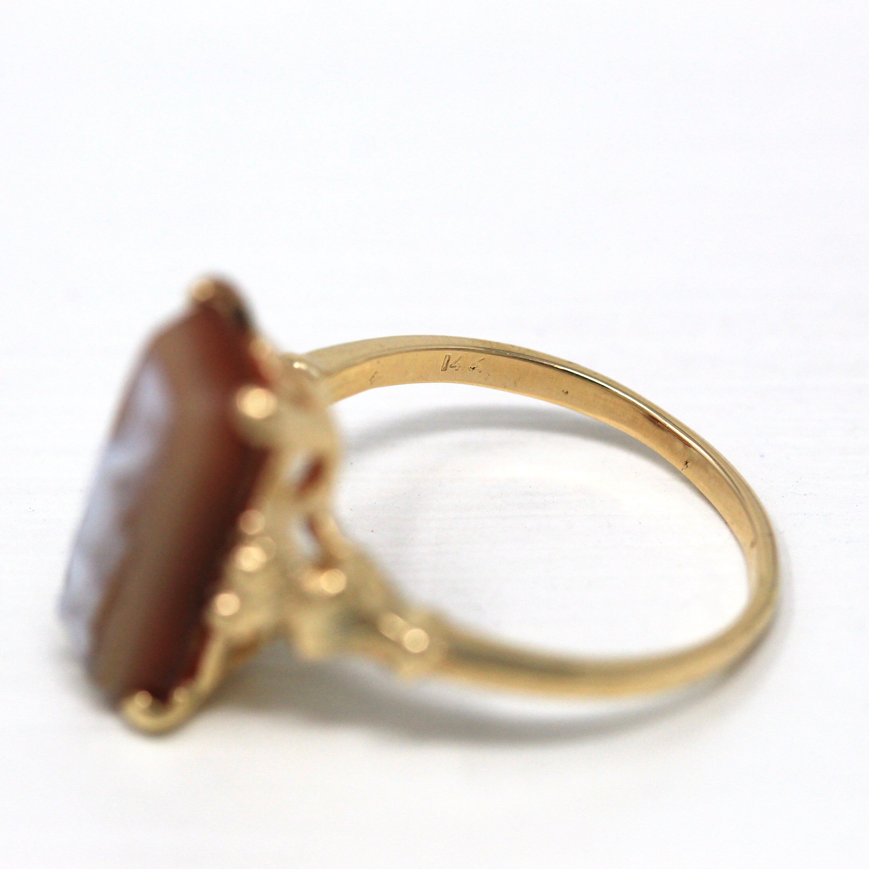 Sardonyx Cameo Ring - Retro Era 14k Yellow Gold Orange White Genuine Banded Carved Gem - Vintage Circa 1940s Size 7 Full Figure Fine Jewelry