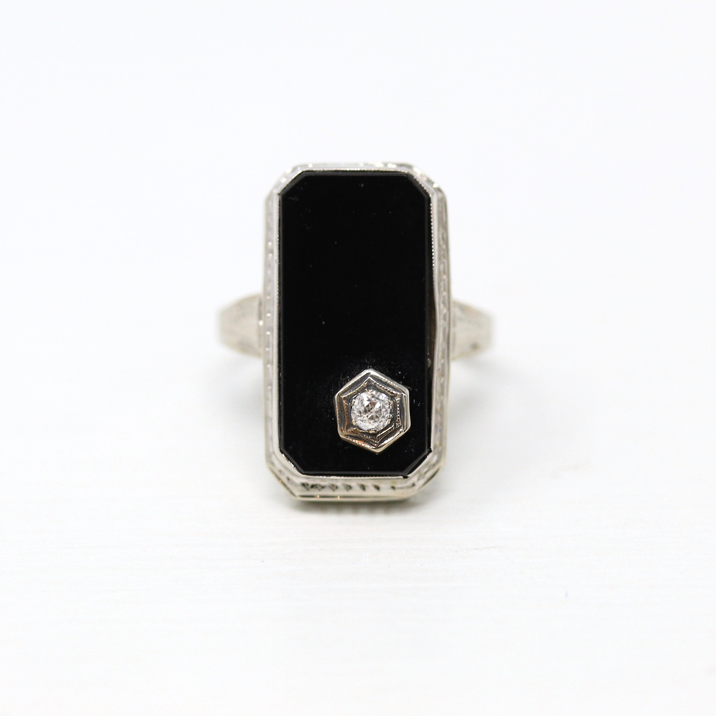 Onyx & Diamond Ring - Art Deco Era 14k White Gold Genuine .06 CT Gemstone Filigree - Vintage Circa 1930s Size 7.5 Engraved Fine Jewelry