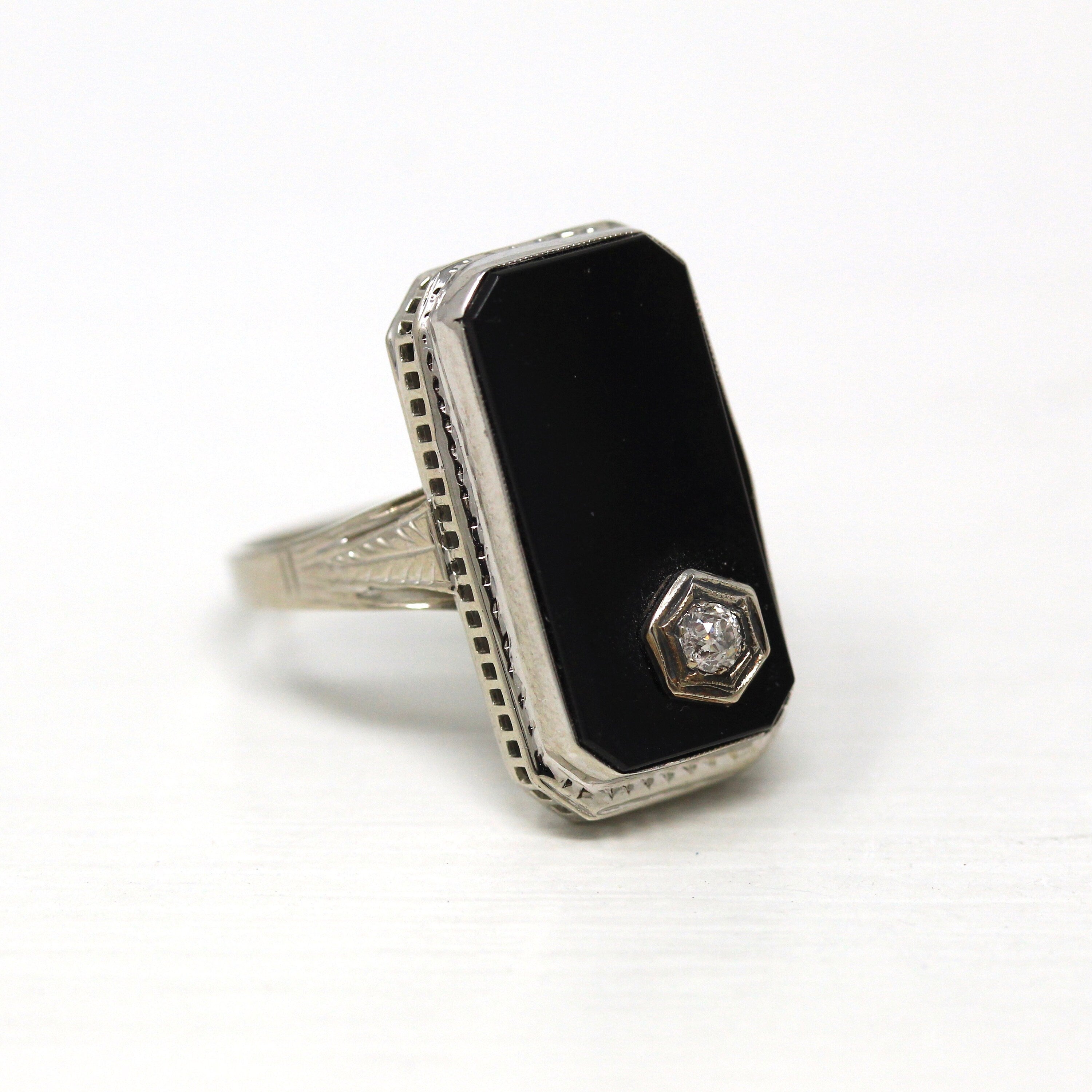 Onyx & Diamond Ring - Art Deco Era 14k White Gold Genuine .06 CT Gemstone Filigree - Vintage Circa 1930s Size 7.5 Engraved Fine Jewelry