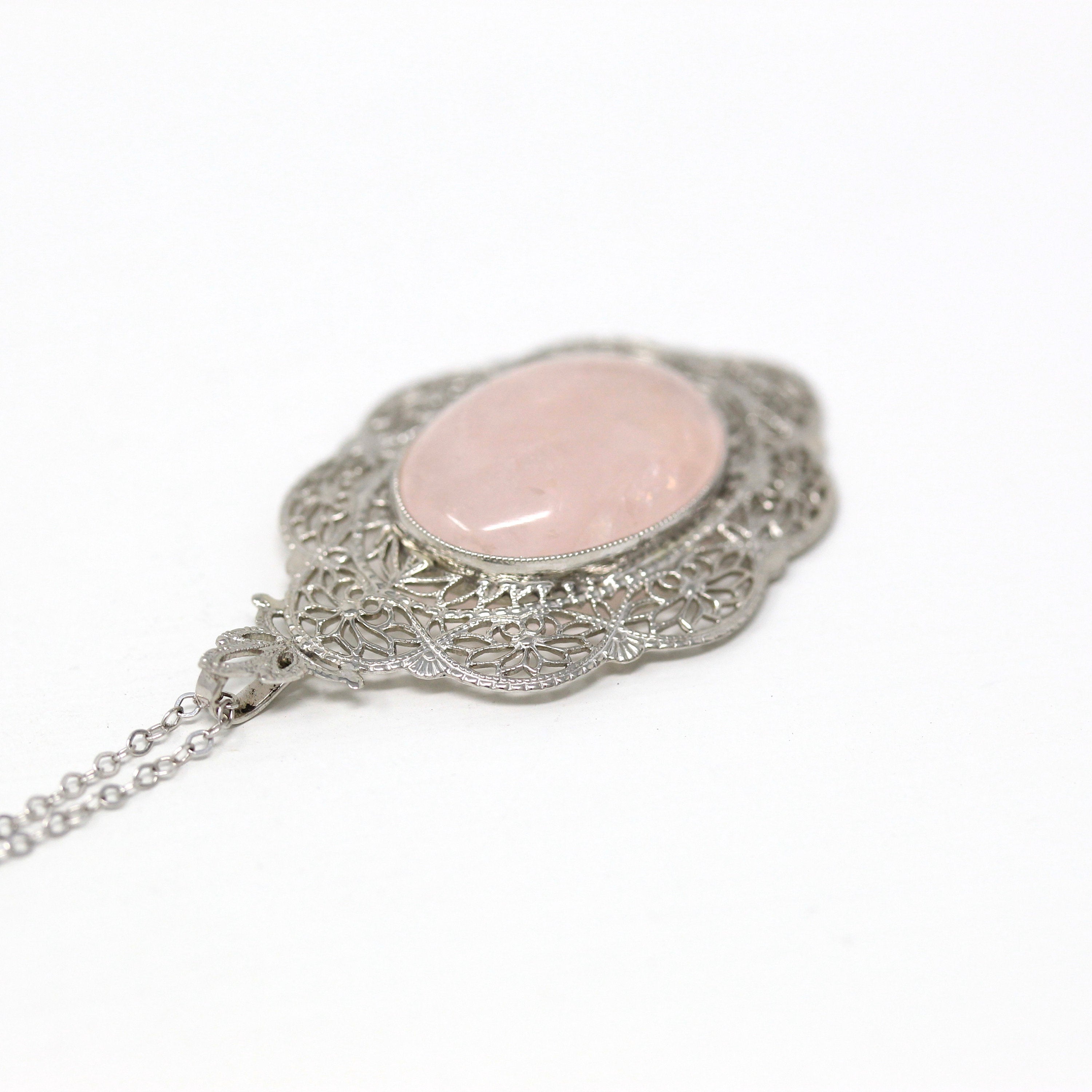 Rose Quartz Pendant - Art Deco 10k White Gold Oval Cabochon Cut 6.70 CT Pink Gemstone - Vintage Circa 1930s Era Flower Filigree Fine Jewelry