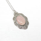 Rose Quartz Pendant - Art Deco 10k White Gold Oval Cabochon Cut 6.70 CT Pink Gemstone - Vintage Circa 1930s Era Flower Filigree Fine Jewelry