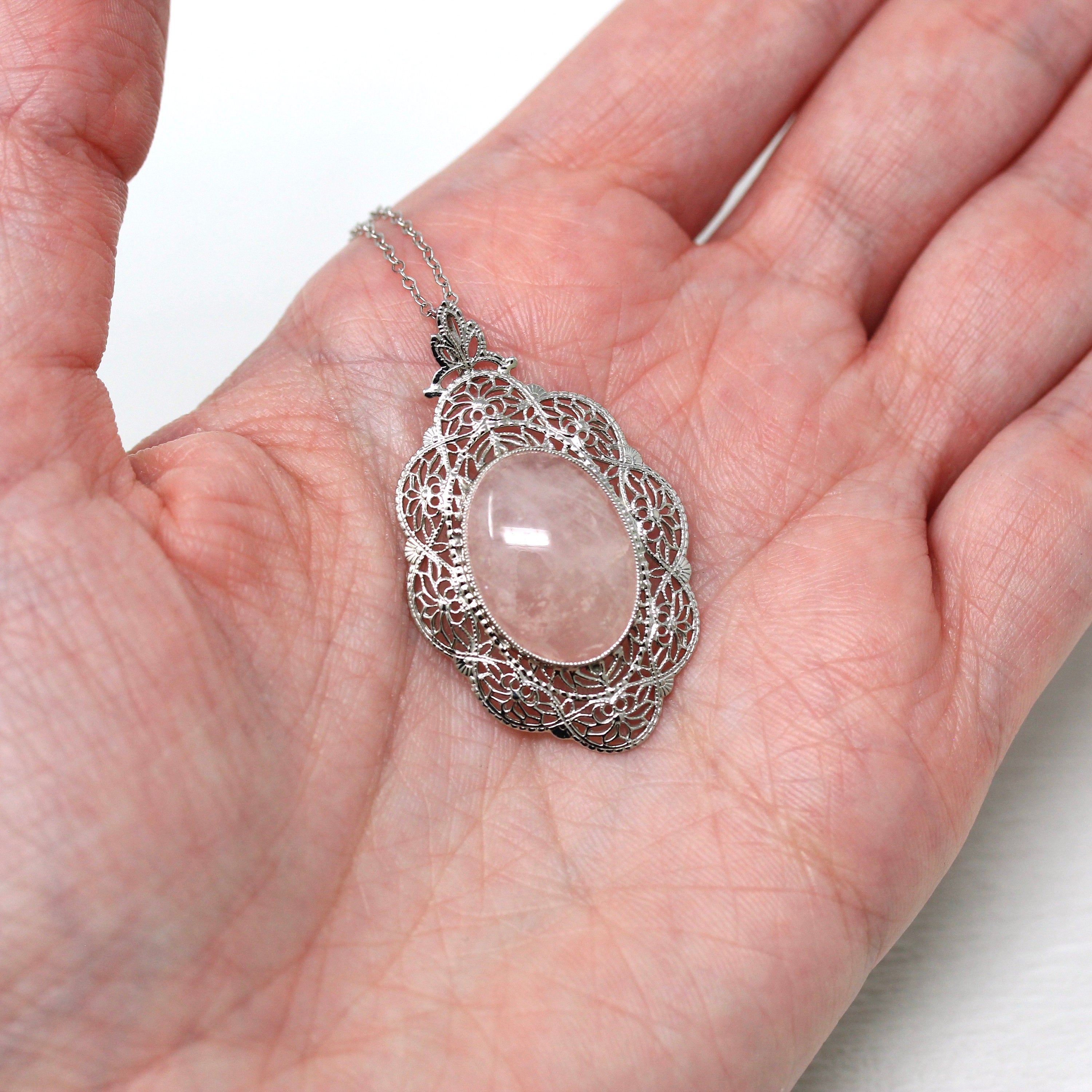 Rose Quartz Pendant - Art Deco 10k White Gold Oval Cabochon Cut 6.70 CT Pink Gemstone - Vintage Circa 1930s Era Flower Filigree Fine Jewelry