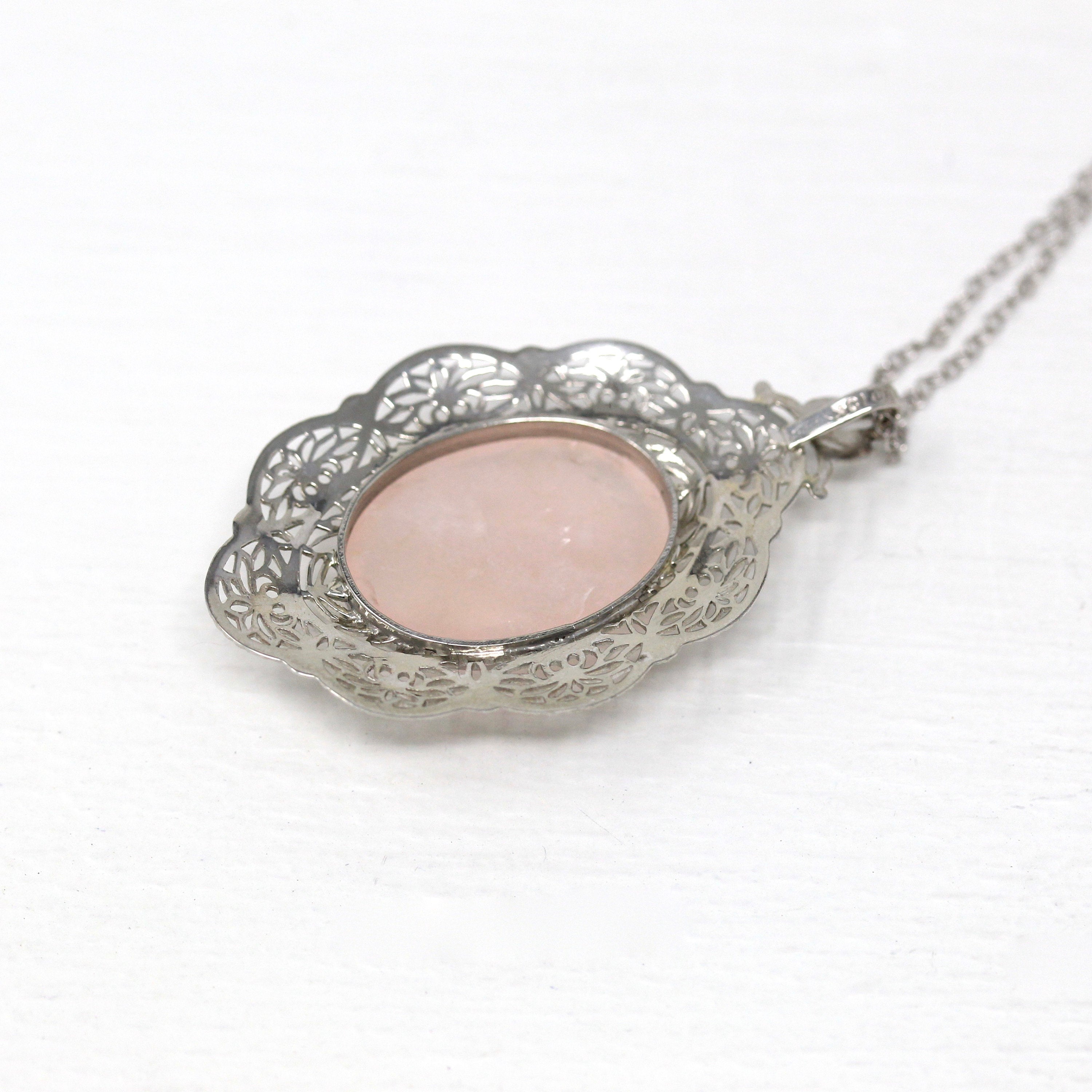 Rose Quartz Pendant - Art Deco 10k White Gold Oval Cabochon Cut 6.70 CT Pink Gemstone - Vintage Circa 1930s Era Flower Filigree Fine Jewelry