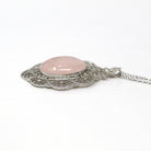 Rose Quartz Pendant - Art Deco 10k White Gold Oval Cabochon Cut 6.70 CT Pink Gemstone - Vintage Circa 1930s Era Flower Filigree Fine Jewelry