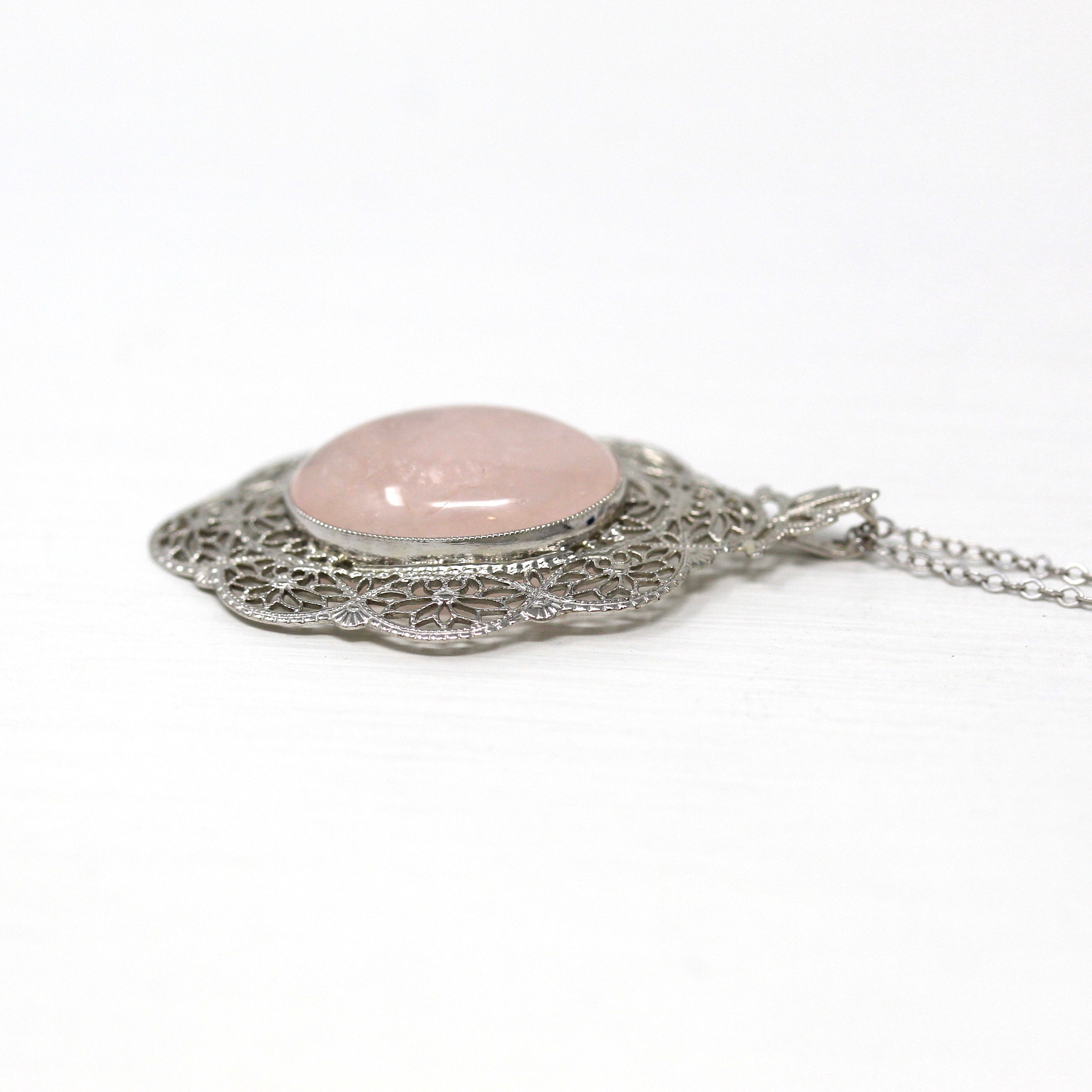 Rose Quartz Pendant - Art Deco 10k White Gold Oval Cabochon Cut 6.70 CT Pink Gemstone - Vintage Circa 1930s Era Flower Filigree Fine Jewelry