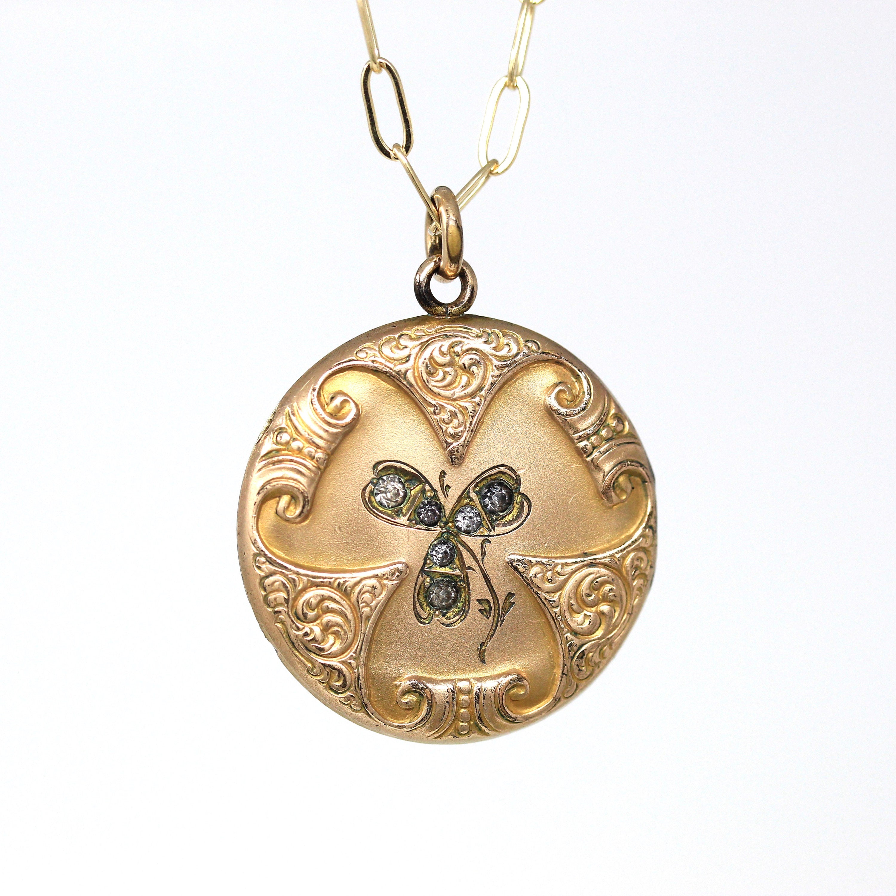 Antique Shamrock Pendant - Art Nouveau Gold Filled Three Leaf Clover Locket Necklace - Circa 1910s Edwardian Era Statement Accessory Jewelry