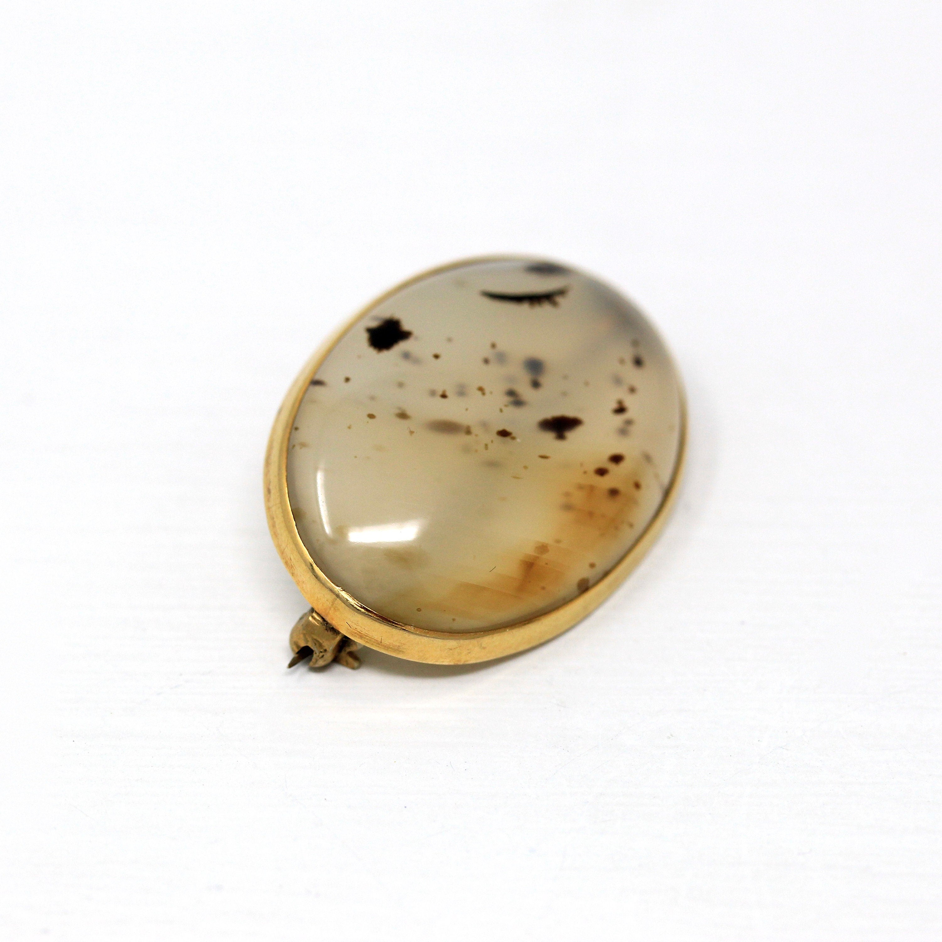 Genuine Agate Brooch - Edwardian 10k Yellow Gold Oval Gemstone Pin - Antique Circa 1900s Era Statement Fine Fashion Accessory Jewelry