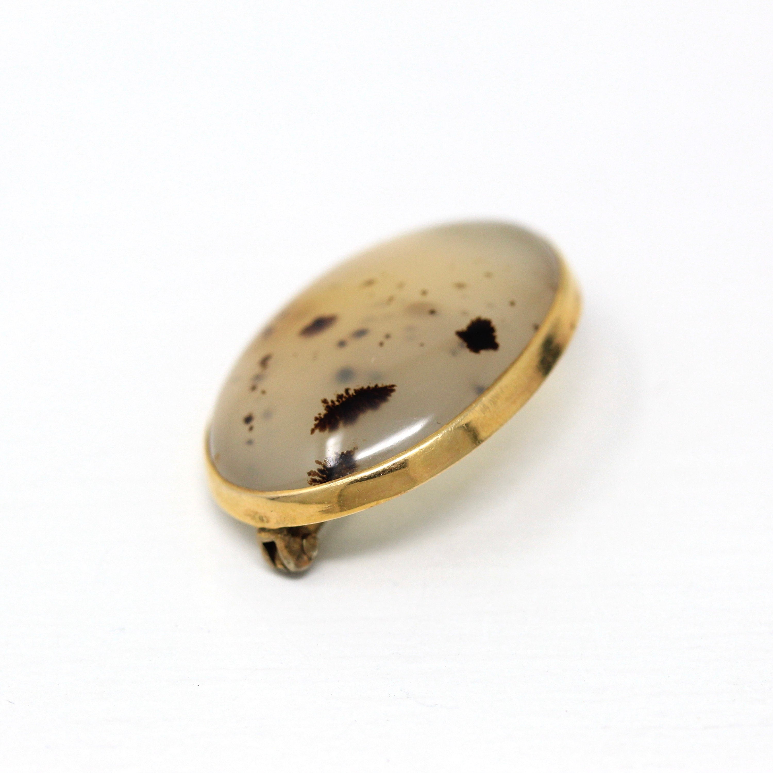 Genuine Agate Brooch - Edwardian 10k Yellow Gold Oval Gemstone Pin - Antique Circa 1900s Era Statement Fine Fashion Accessory Jewelry