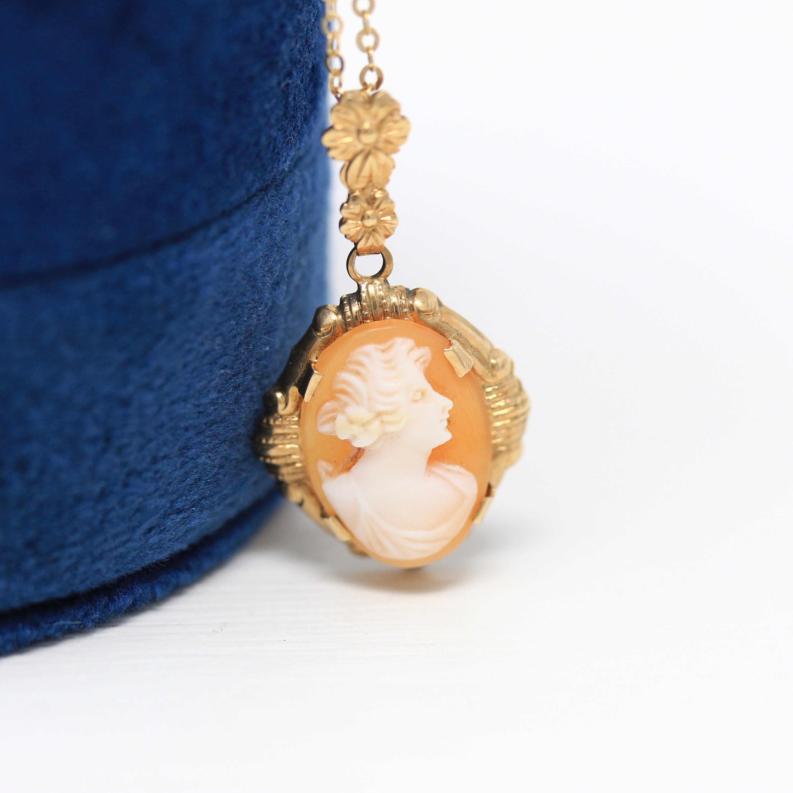 Vintage Cameo Necklace - Retro 10k Yellow Gold Oval Carved Shell Flower Pendant Charm - Circa 1940s Era Statement Fine Esemco 40s Jewelry