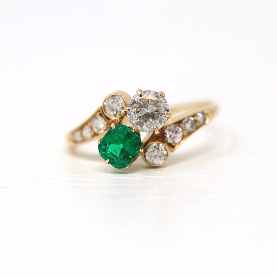 Vintage Engagement Ring - Edwardian Era 18k Yellow Gold - .84 CTW Diamonds & .57 CT Emerald - Toi Et Moi 1910s Size 7 1/4 Jewelry W/ Report