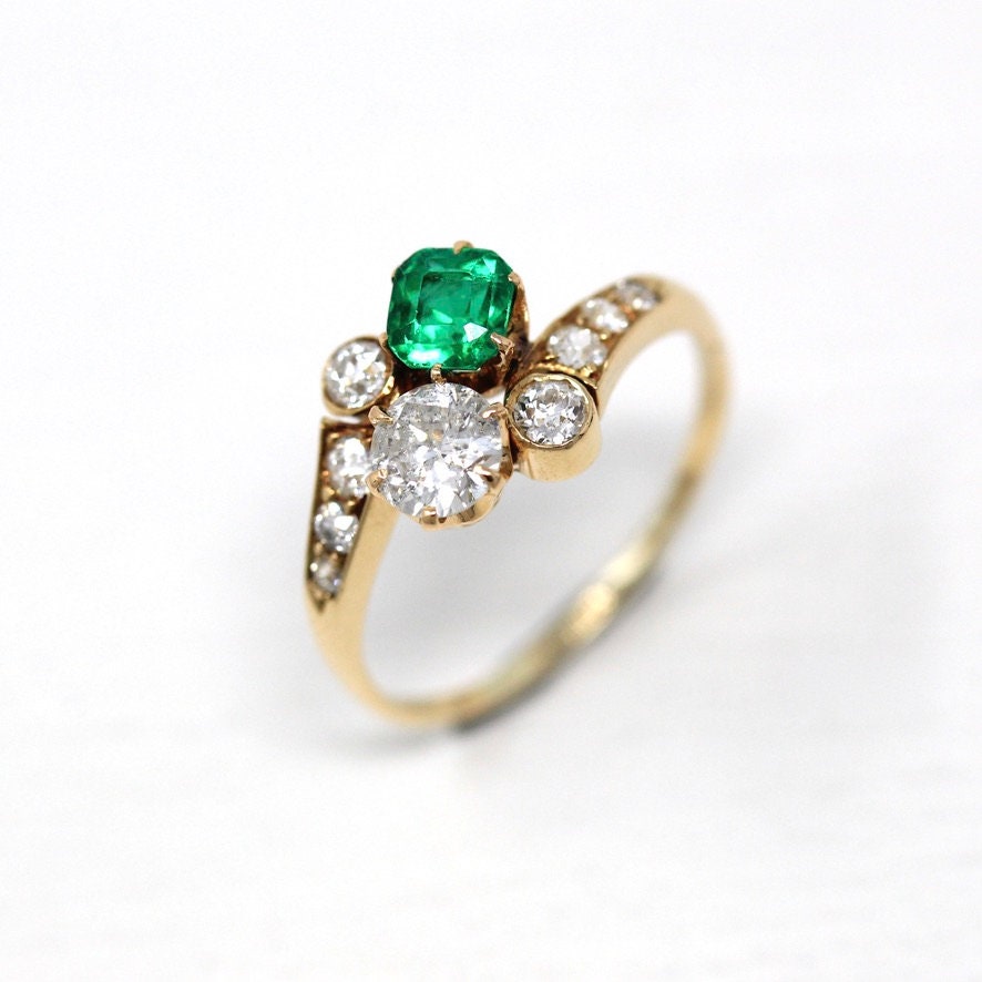 Vintage Engagement Ring - Edwardian Era 18k Yellow Gold - .84 CTW Diamonds & .57 CT Emerald - Toi Et Moi 1910s Size 7 1/4 Jewelry W/ Report