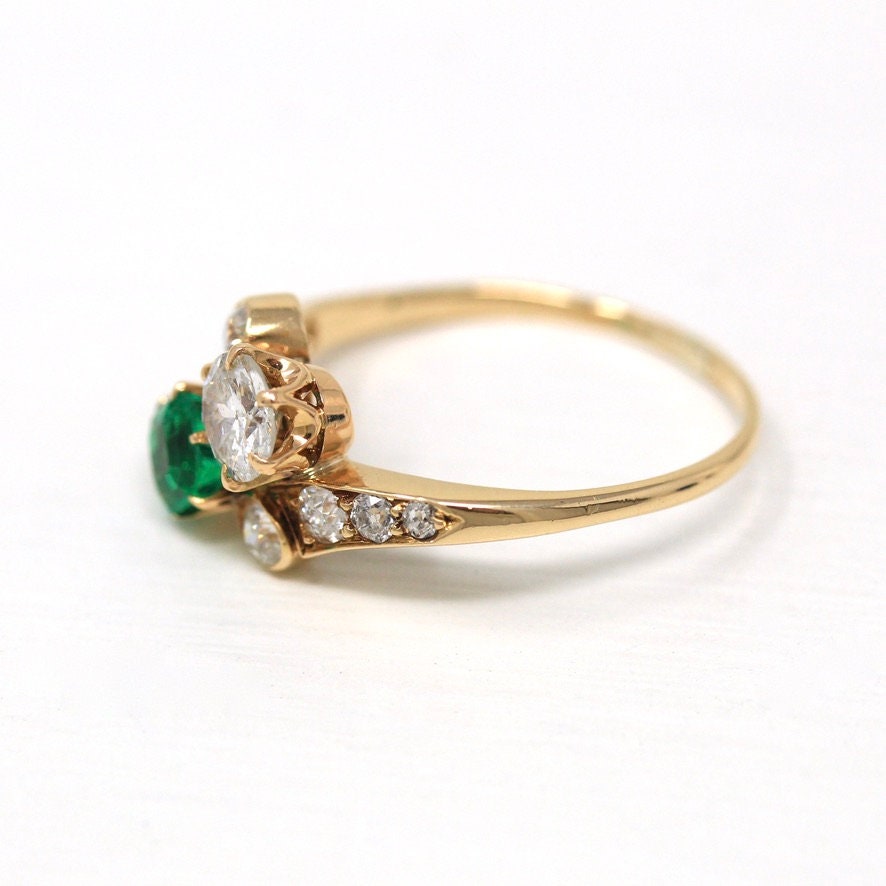 Vintage Engagement Ring - Edwardian Era 18k Yellow Gold - .84 CTW Diamonds & .57 CT Emerald - Toi Et Moi 1910s Size 7 1/4 Jewelry W/ Report