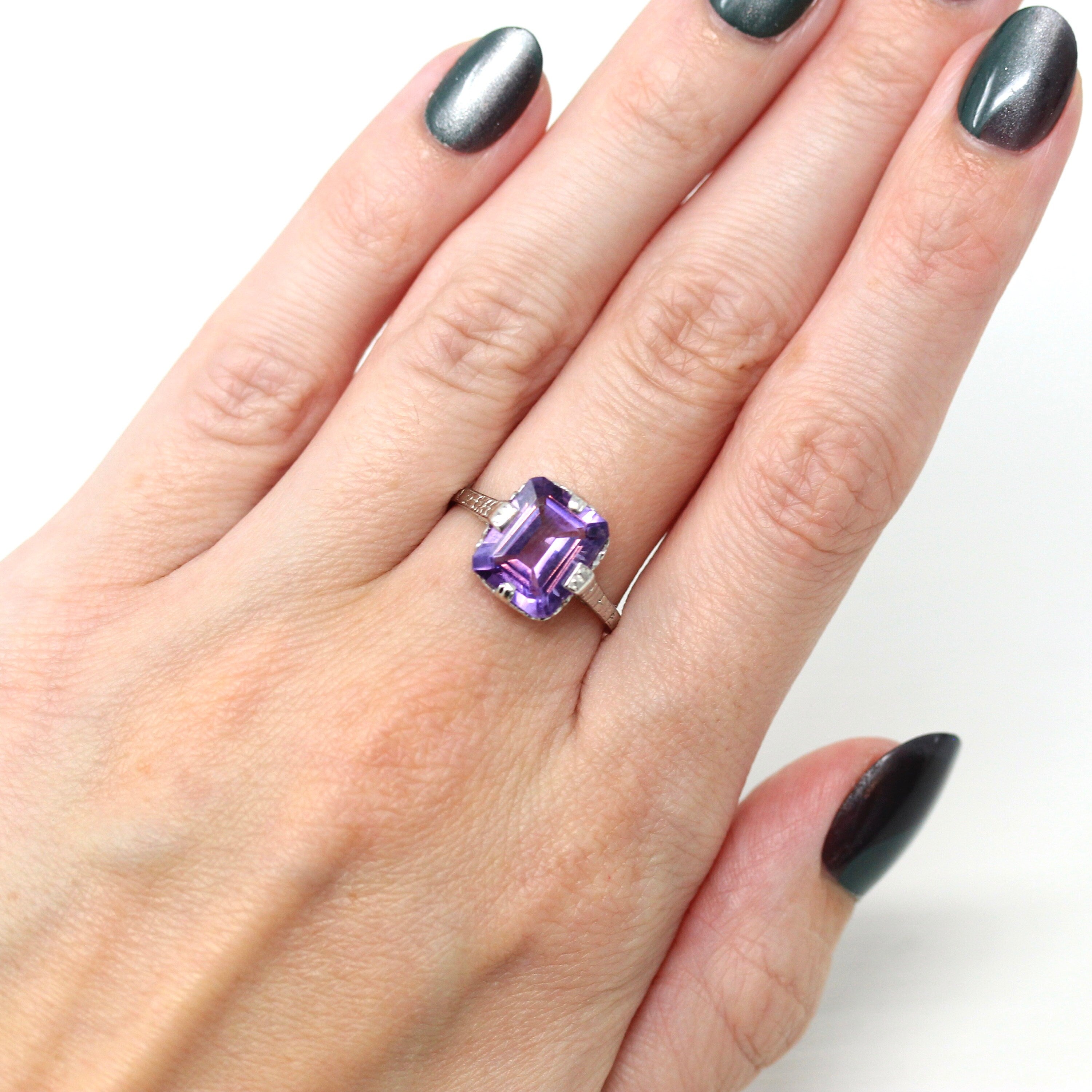 Genuine Amethyst Ring - Art Deco 14k White Gold Purple 3.90 CT Gemstone - Vintage Circa 1930s Era Size 7 February Birthstone Fine Jewelry