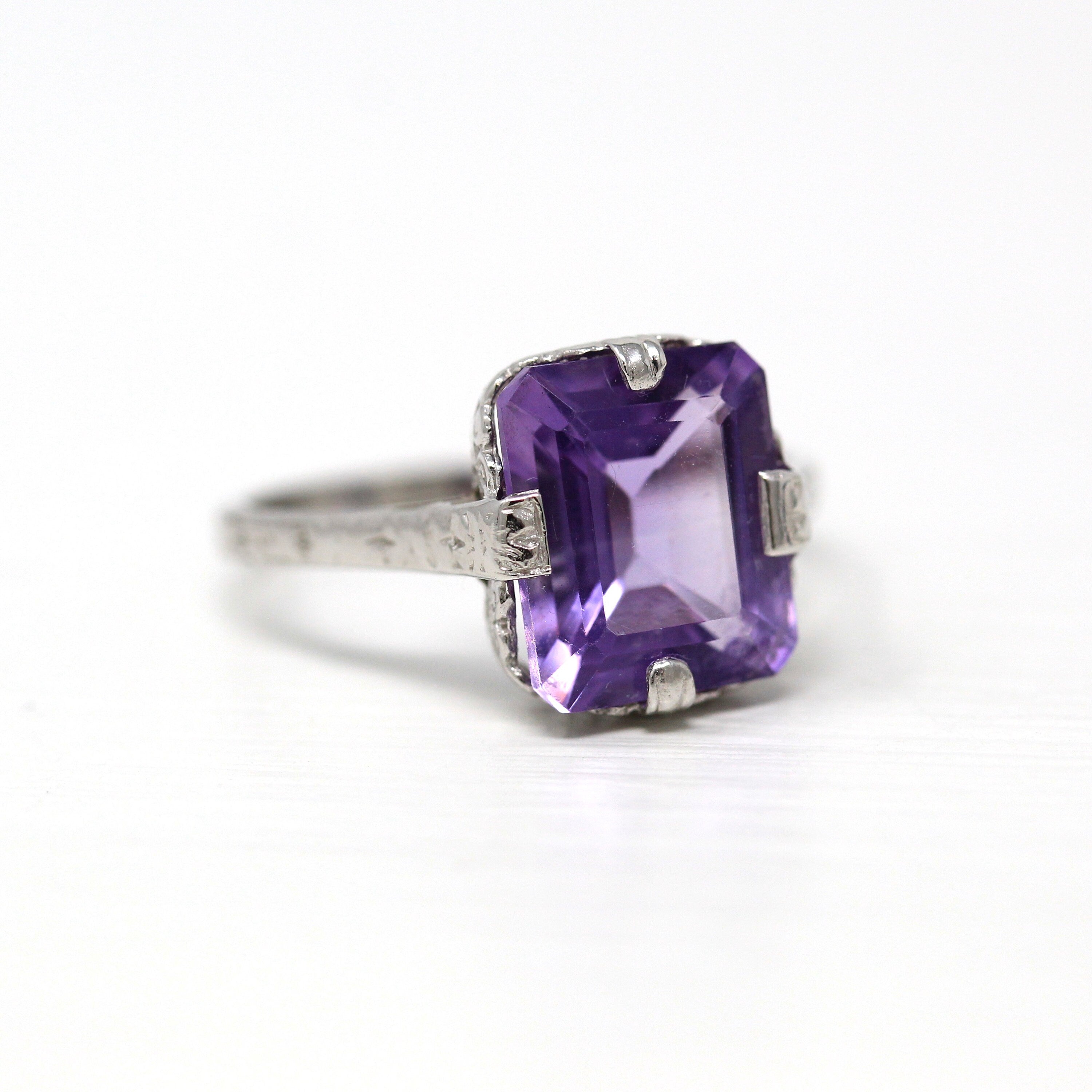 Genuine Amethyst Ring - Art Deco 14k White Gold Purple 3.90 CT Gemstone - Vintage Circa 1930s Era Size 7 February Birthstone Fine Jewelry