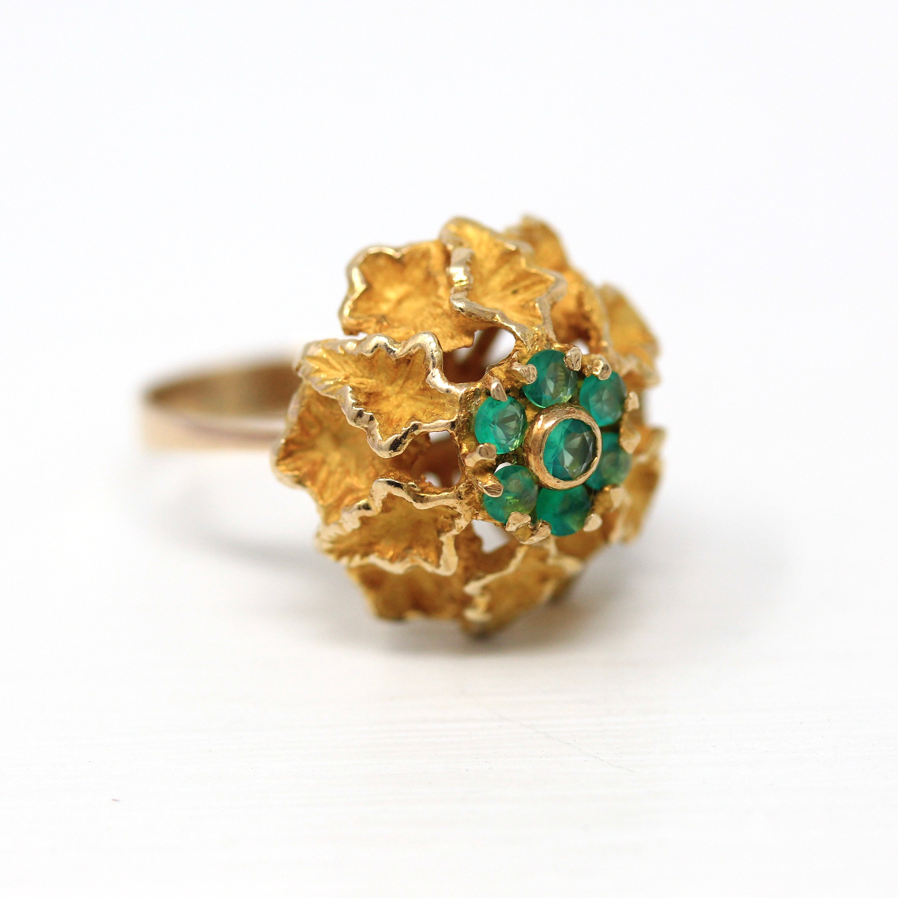 Vintage Flower Ring - Retro 14k Yellow Gold Green Chalcedony Cluster Genuine Gemstones - Vintage Circa 1970s Era Size 5 1/4 Fine 70s Jewelry