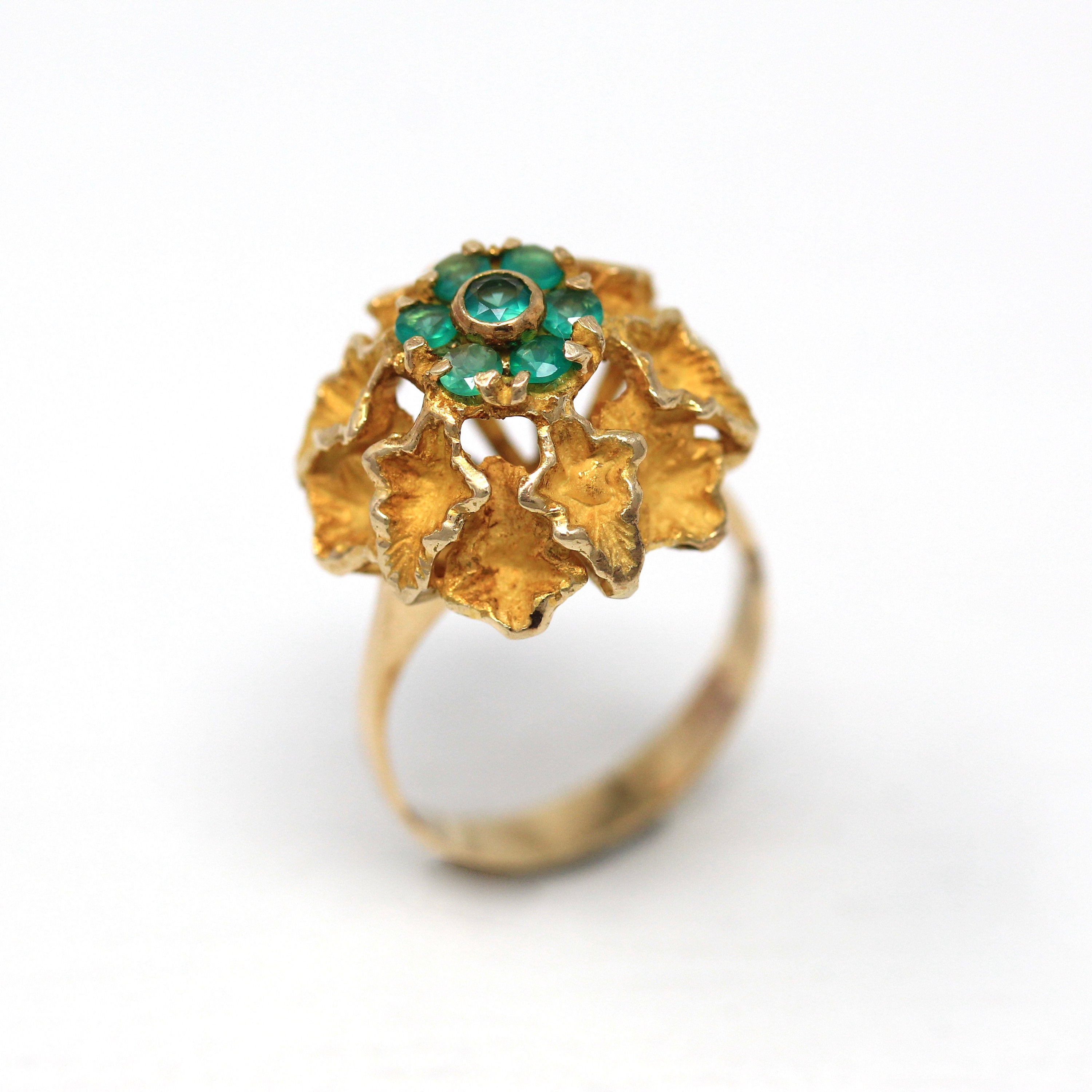 Vintage Flower Ring - Retro 14k Yellow Gold Green Chalcedony Cluster Genuine Gemstones - Vintage Circa 1970s Era Size 5 1/4 Fine 70s Jewelry