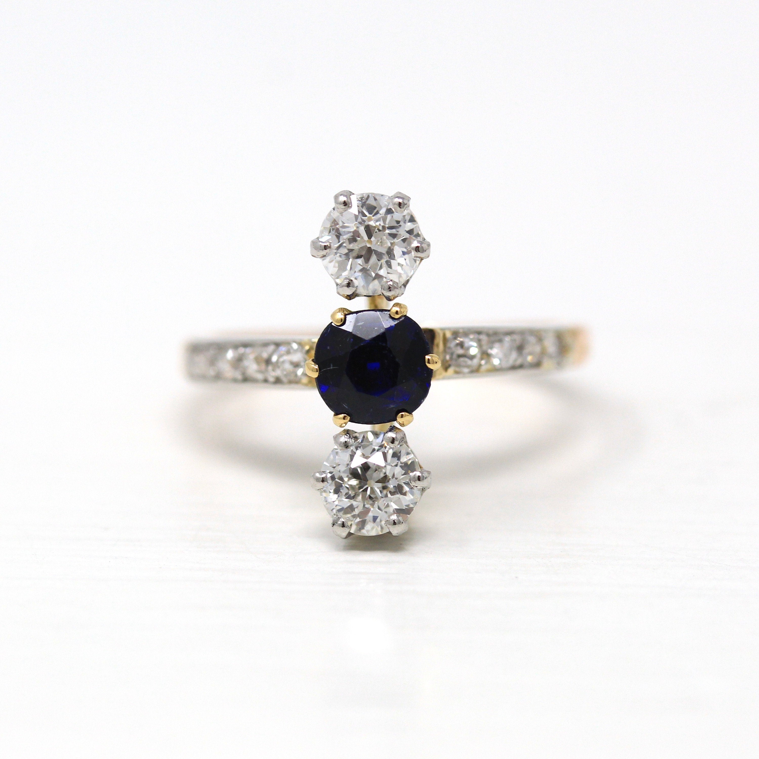 Antique Edwardian Ring - Vintage 18k Gold & Platinum Old European Cut Diamonds Genuine Blue Sapphire - 1910s Size 7.5 Fine Jewelry Report