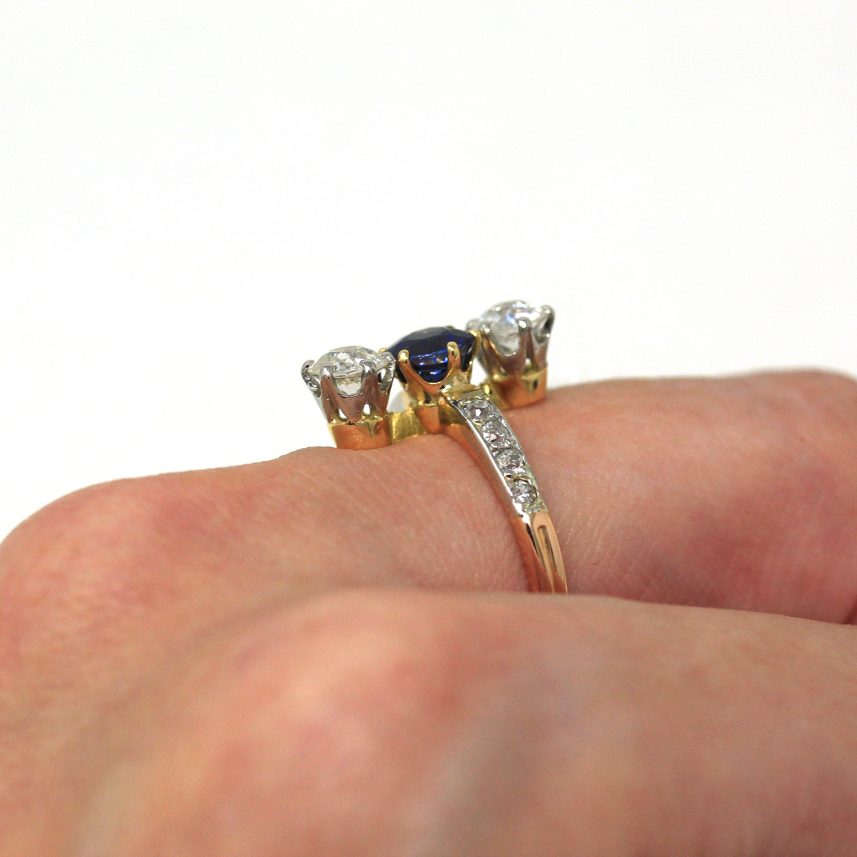 Antique Edwardian Ring - Vintage 18k Gold & Platinum Old European Cut Diamonds Genuine Blue Sapphire - 1910s Size 7.5 Fine Jewelry Report